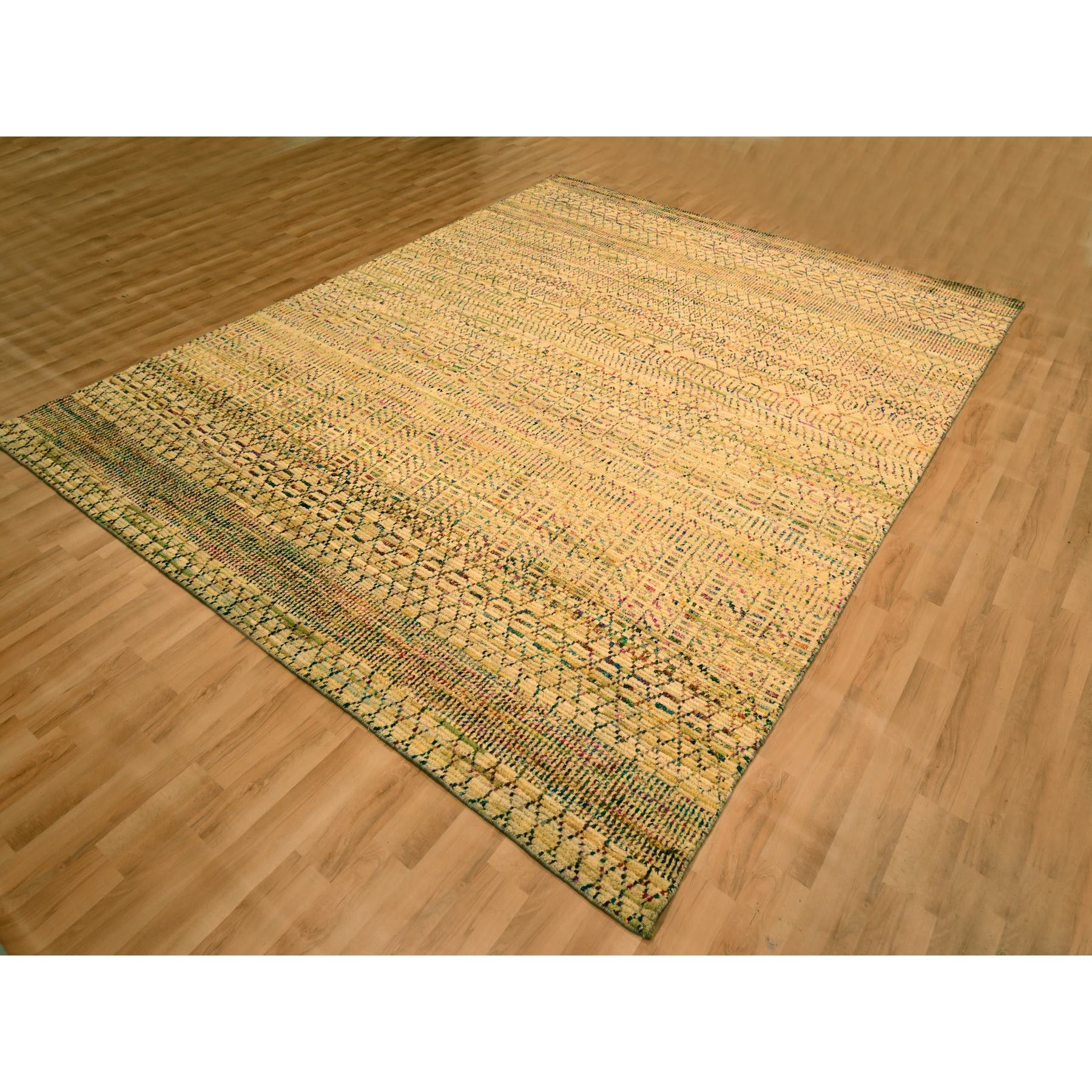 7'9"x9'10" Ecru Brown, Striae Design Geometric Pattern, Textured Wool and Sari Silk, Hand Knotted, Oriental Rug Sh76189