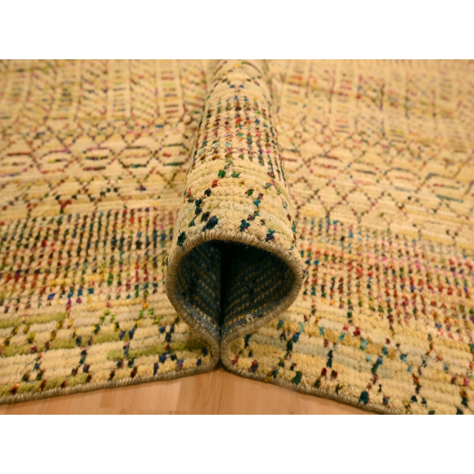 7'9"x9'10" Ecru Brown, Striae Design Geometric Pattern, Textured Wool and Sari Silk, Hand Knotted, Oriental Rug Sh76189