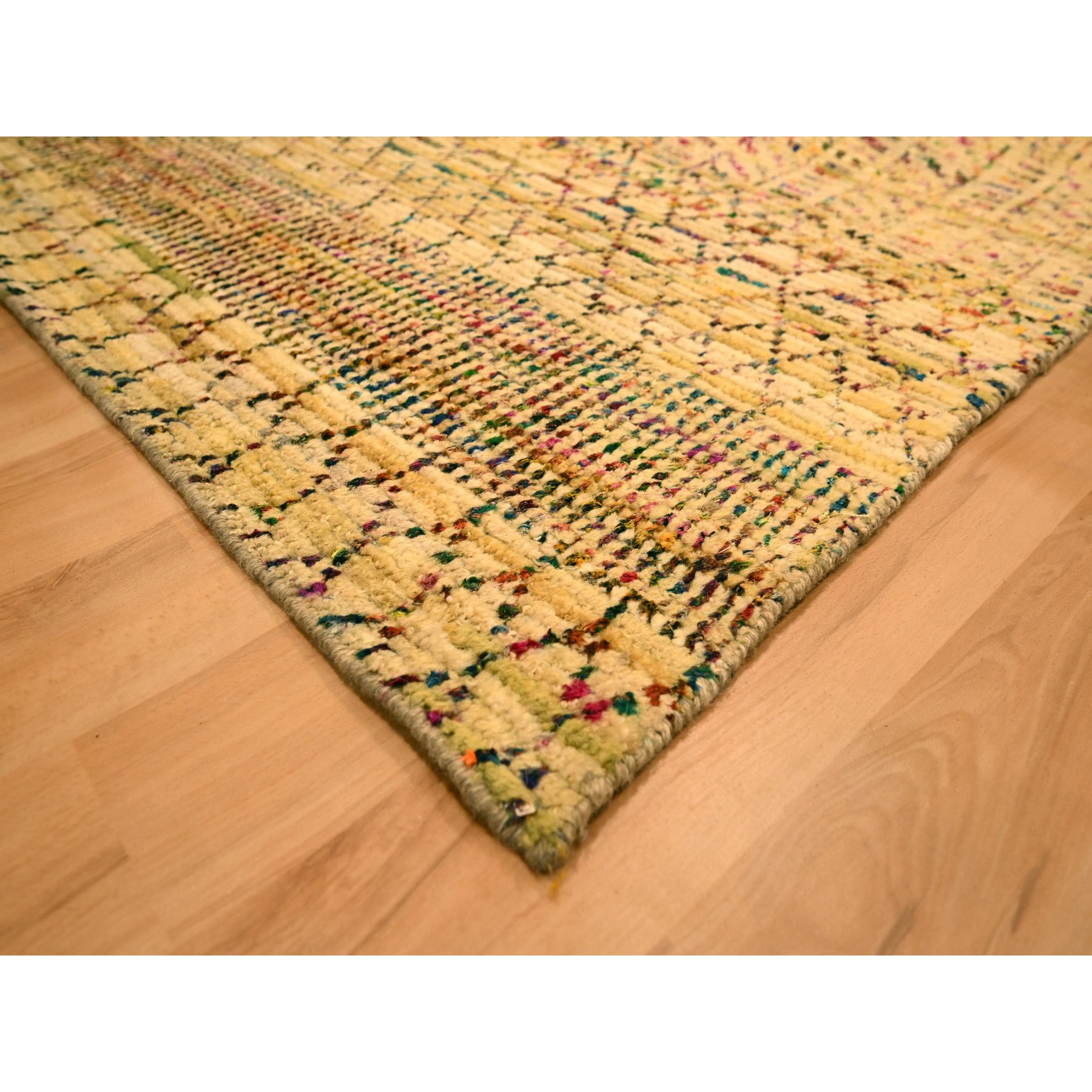 7'9"x9'10" Ecru Brown, Striae Design Geometric Pattern, Textured Wool and Sari Silk, Hand Knotted, Oriental Rug Sh76189