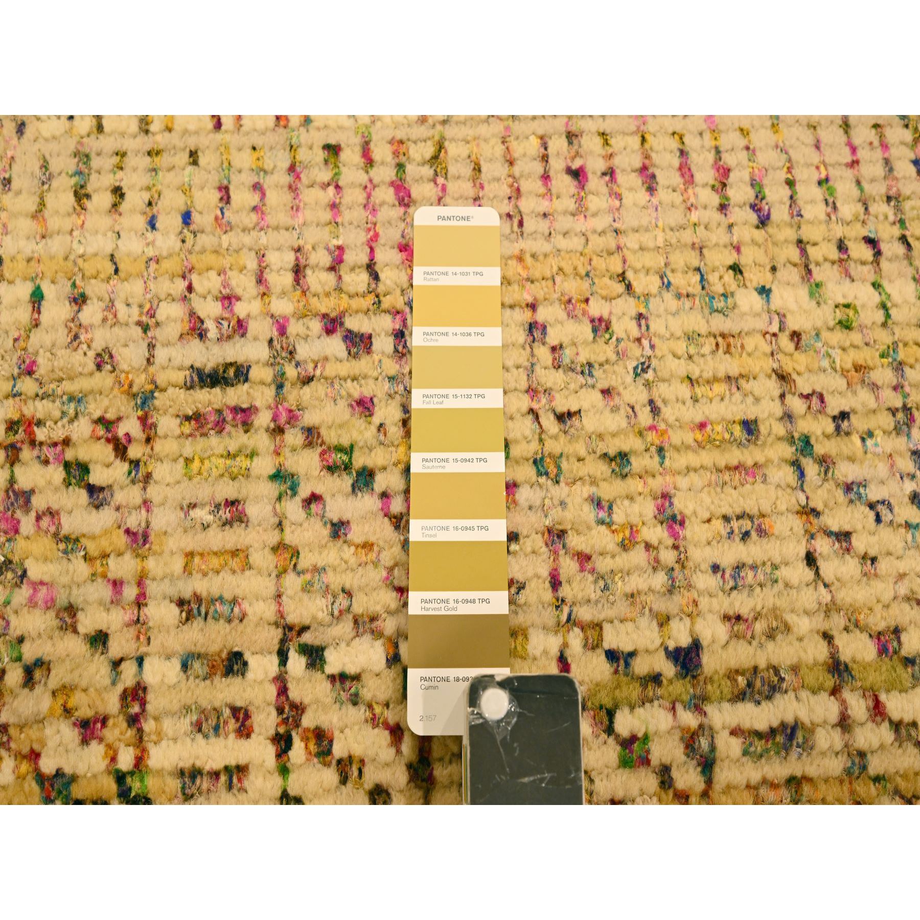 7'9"x9'10" Ecru Brown, Striae Design Geometric Pattern, Textured Wool and Sari Silk, Hand Knotted, Oriental Rug Sh76189