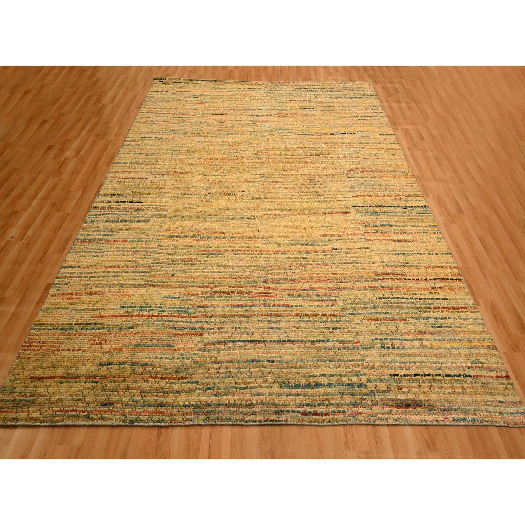 8'x10'3" Golden Yellow, Striae Design with Chicken Wire Pattern, Wool and Sari Silk, Hand Knotted, Oriental Rug Sh76190