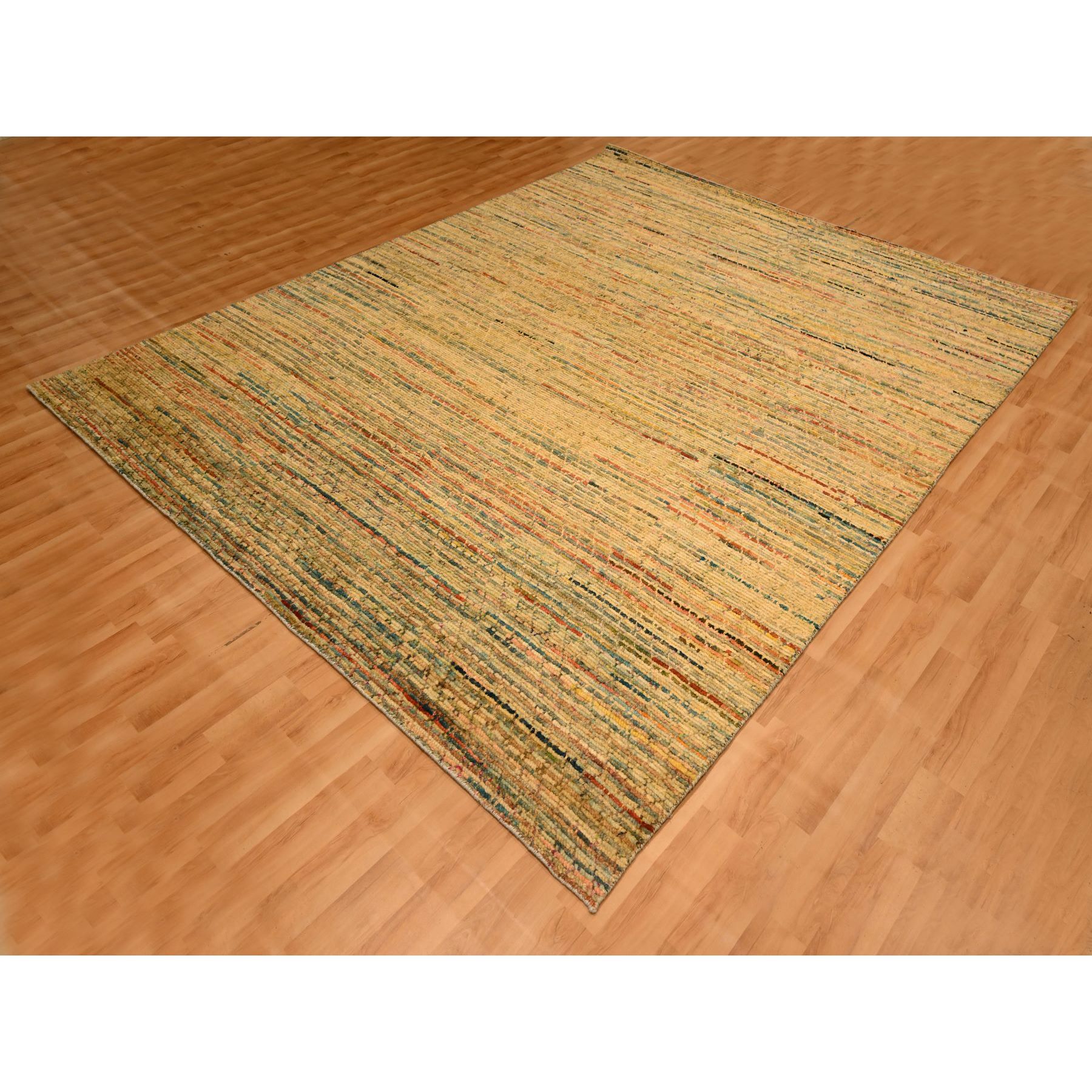 8'x10'3" Golden Yellow, Striae Design with Chicken Wire Pattern, Wool and Sari Silk, Hand Knotted, Oriental Rug Sh76190