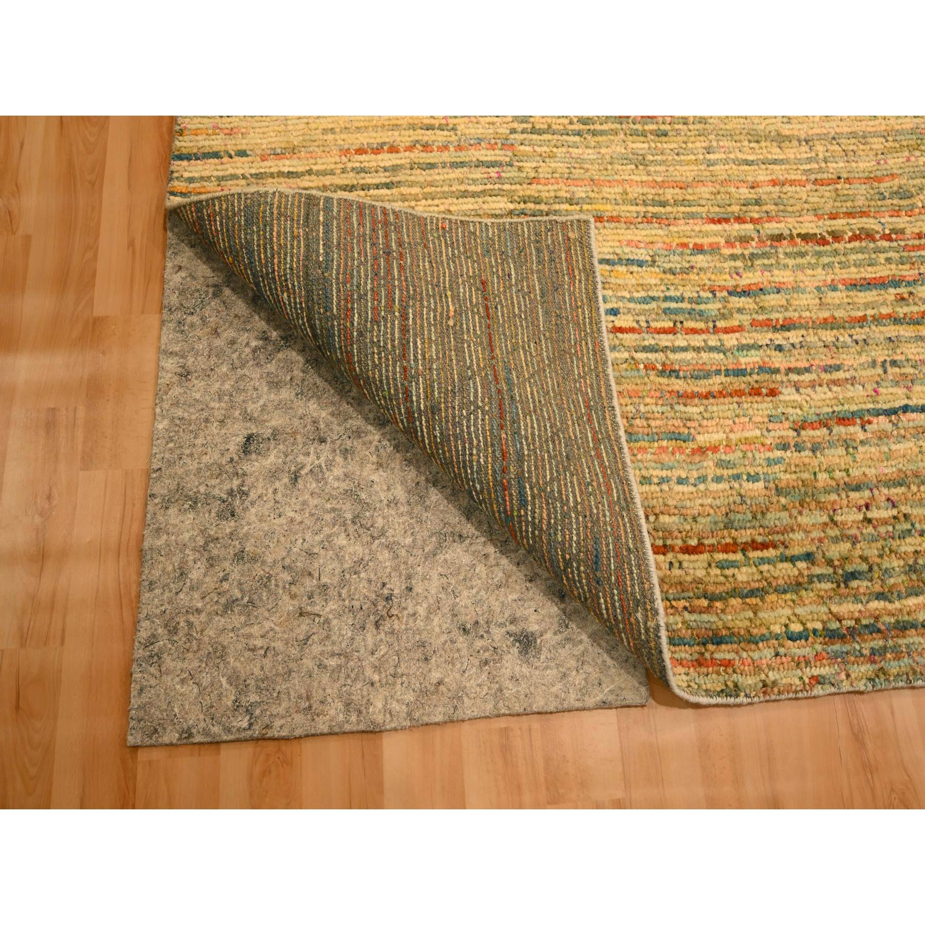 8'x10'3" Golden Yellow, Striae Design with Chicken Wire Pattern, Wool and Sari Silk, Hand Knotted, Oriental Rug Sh76190