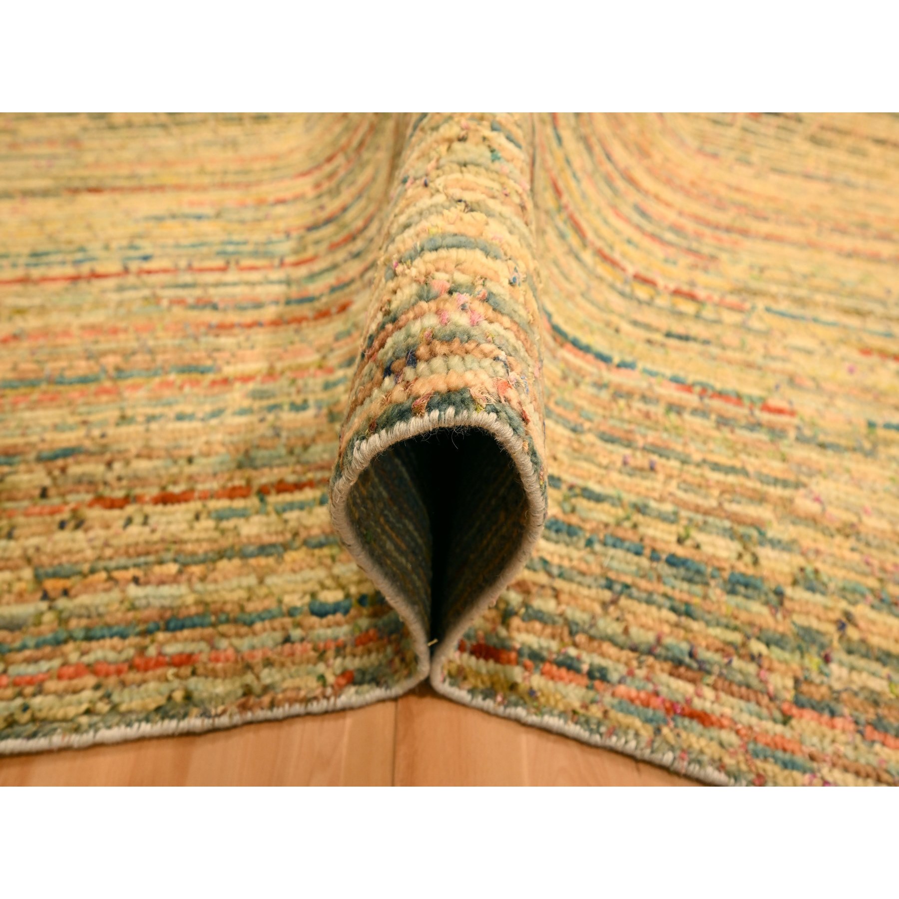 8'x10'3" Golden Yellow, Striae Design with Chicken Wire Pattern, Wool and Sari Silk, Hand Knotted, Oriental Rug Sh76190