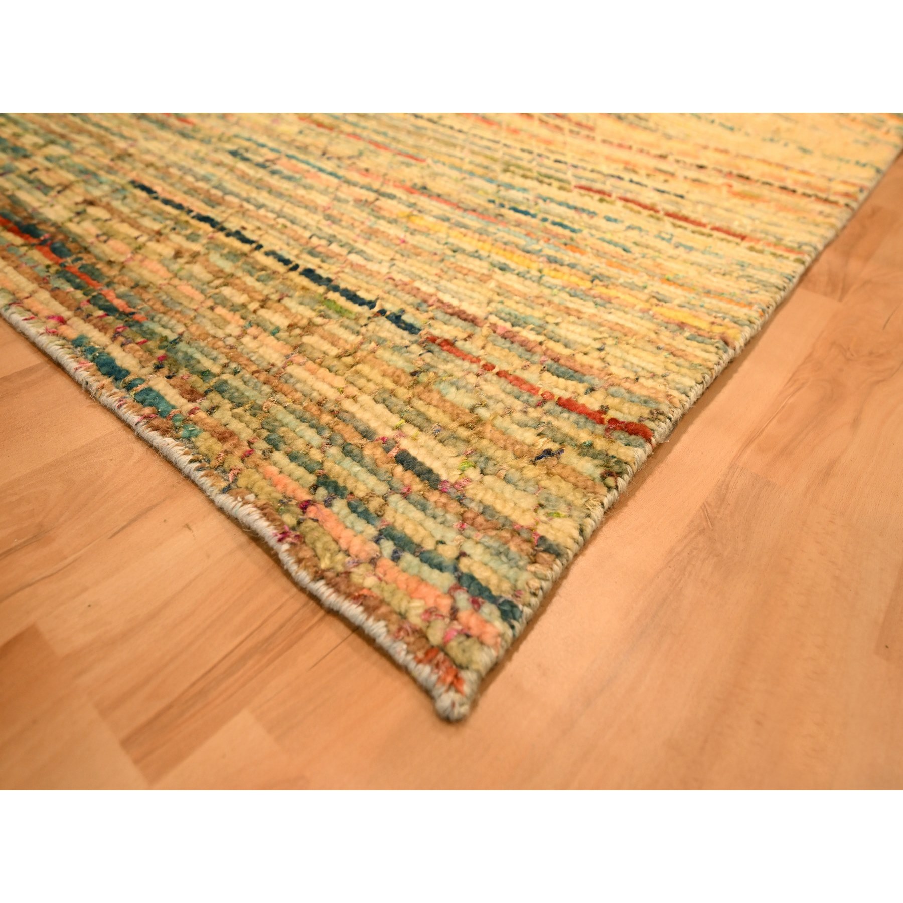 8'x10'3" Golden Yellow, Striae Design with Chicken Wire Pattern, Wool and Sari Silk, Hand Knotted, Oriental Rug Sh76190
