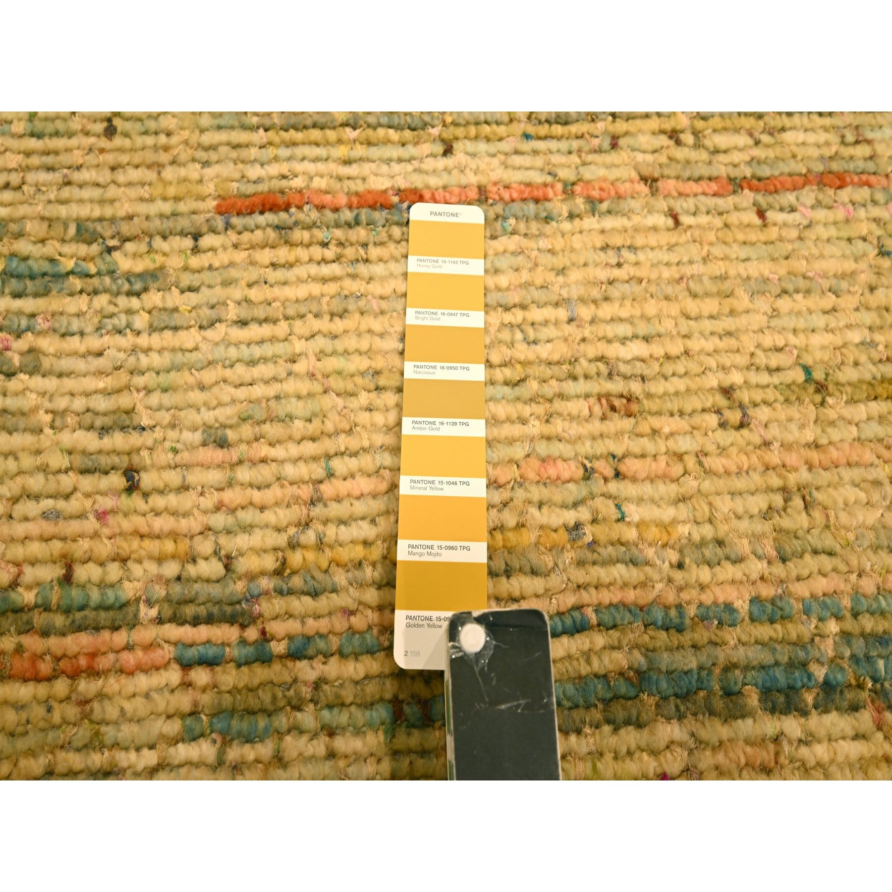 8'x10'3" Golden Yellow, Striae Design with Chicken Wire Pattern, Wool and Sari Silk, Hand Knotted, Oriental Rug Sh76190