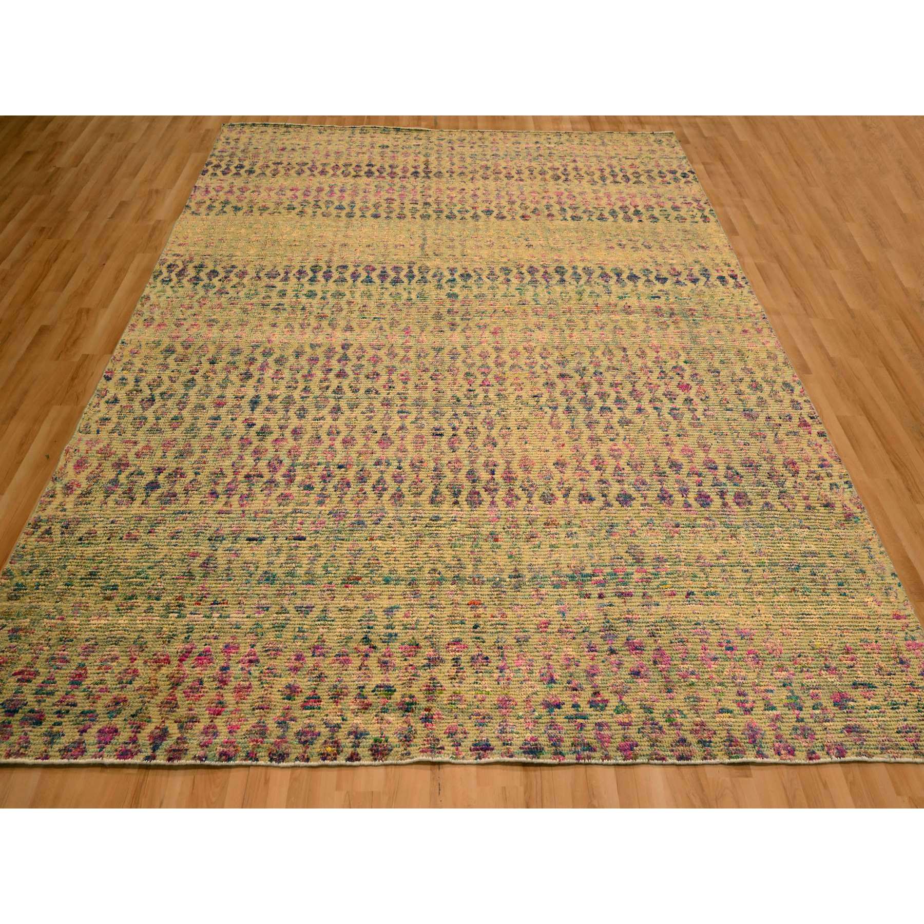 7'9"x10' Burlywood Brown, Colorful Diamond Motif, Natural Wool with Sari Silk, Textured Pile, Hand Knotted, Oriental Rug Sh76191