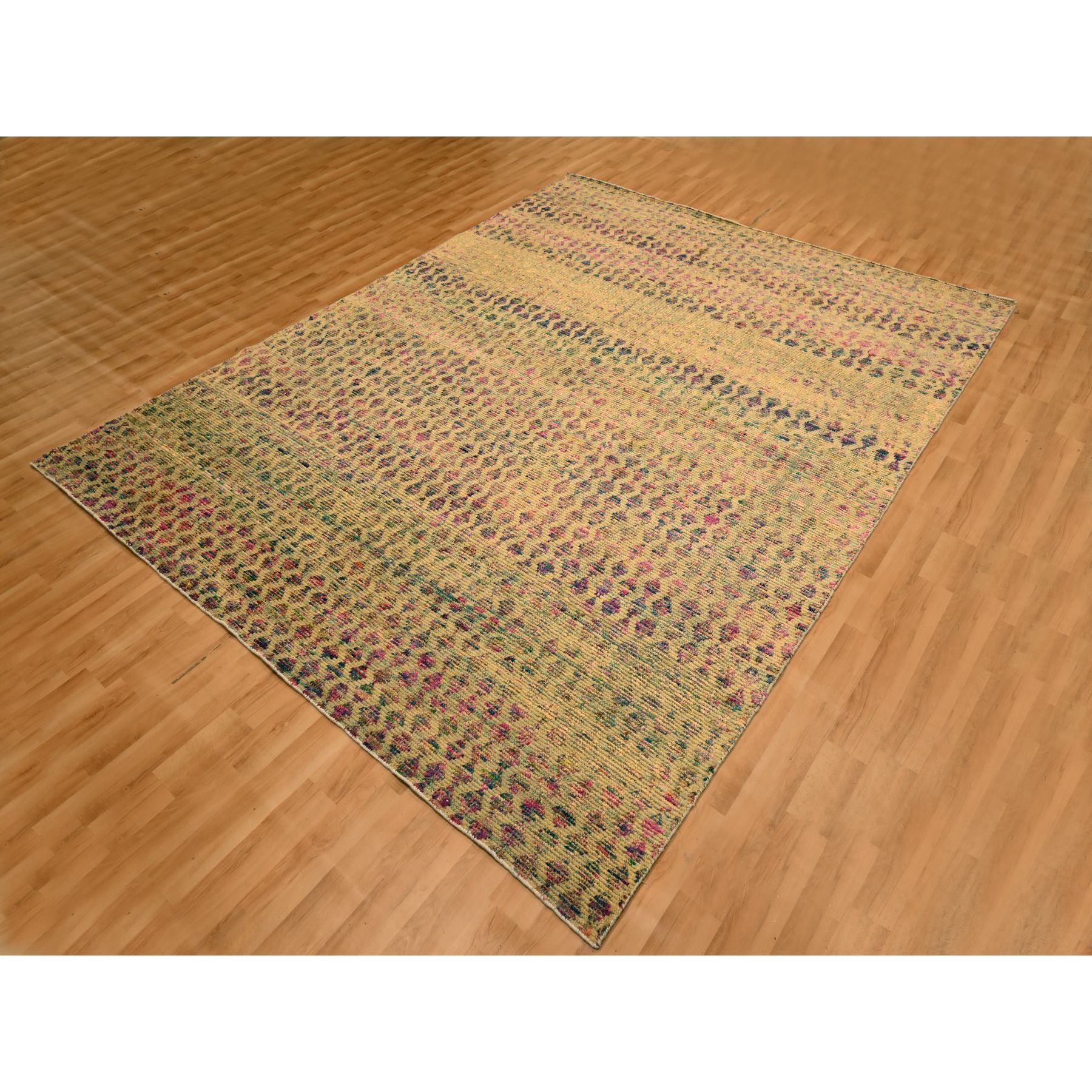 7'9"x10' Burlywood Brown, Colorful Diamond Motif, Natural Wool with Sari Silk, Textured Pile, Hand Knotted, Oriental Rug Sh76191