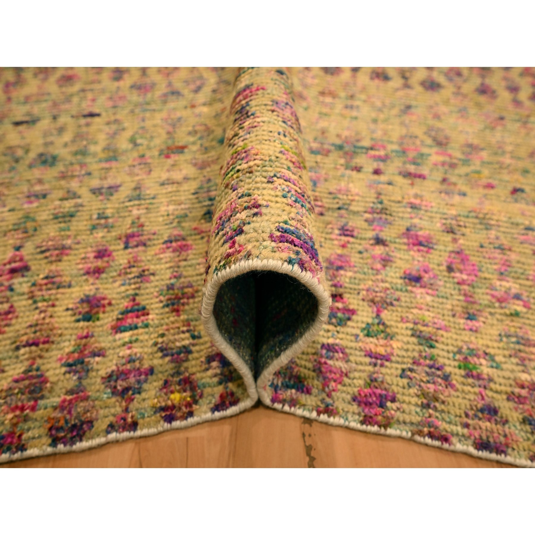 7'9"x10' Burlywood Brown, Colorful Diamond Motif, Natural Wool with Sari Silk, Textured Pile, Hand Knotted, Oriental Rug Sh76191