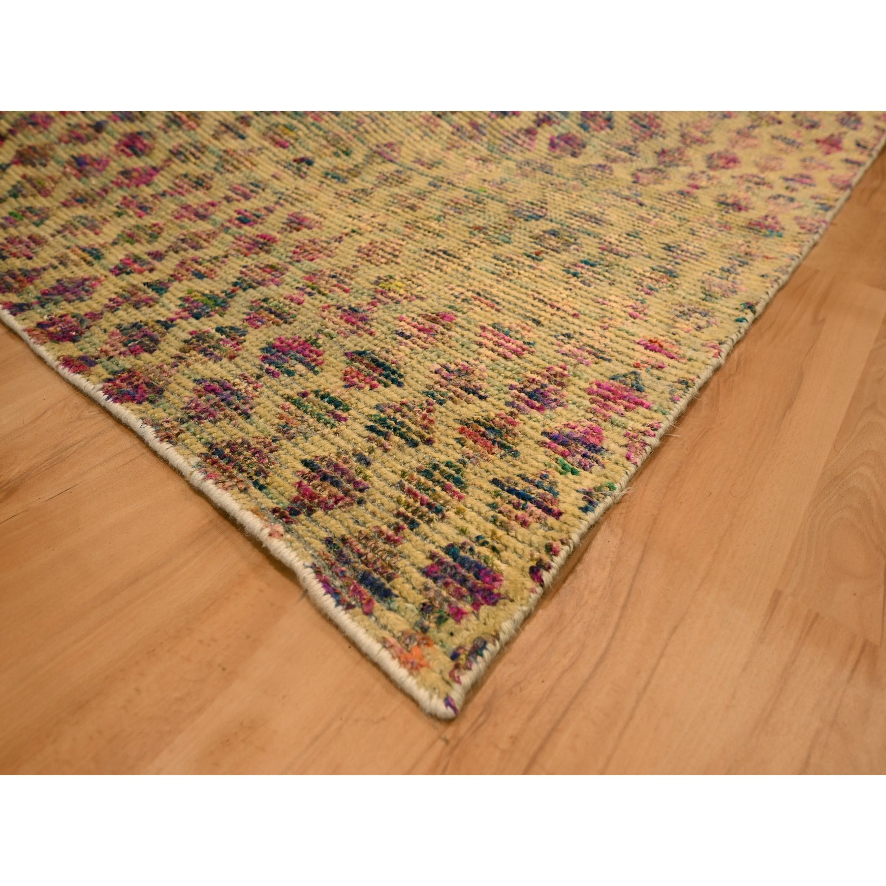 7'9"x10' Burlywood Brown, Colorful Diamond Motif, Natural Wool with Sari Silk, Textured Pile, Hand Knotted, Oriental Rug Sh76191