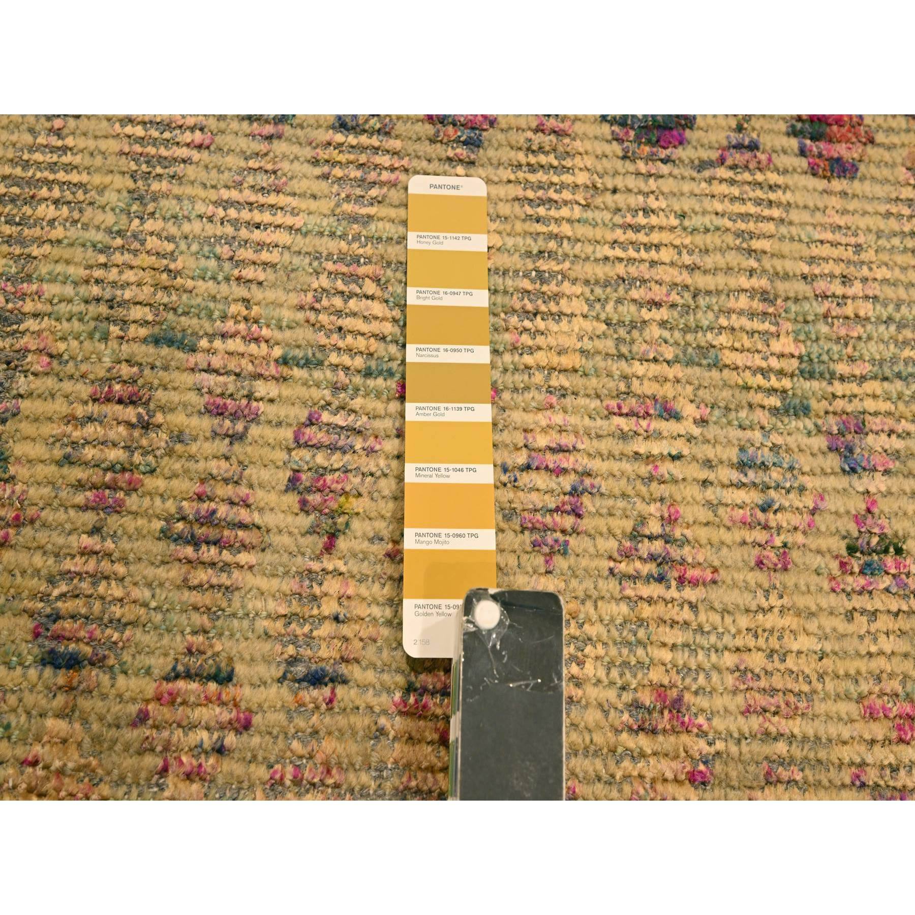 7'9"x10' Burlywood Brown, Colorful Diamond Motif, Natural Wool with Sari Silk, Textured Pile, Hand Knotted, Oriental Rug Sh76191