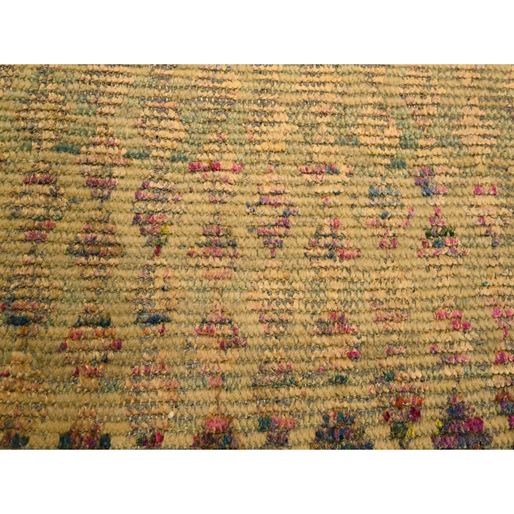 7'9"x10' Burlywood Brown, Colorful Diamond Motif, Natural Wool with Sari Silk, Textured Pile, Hand Knotted, Oriental Rug Sh76191