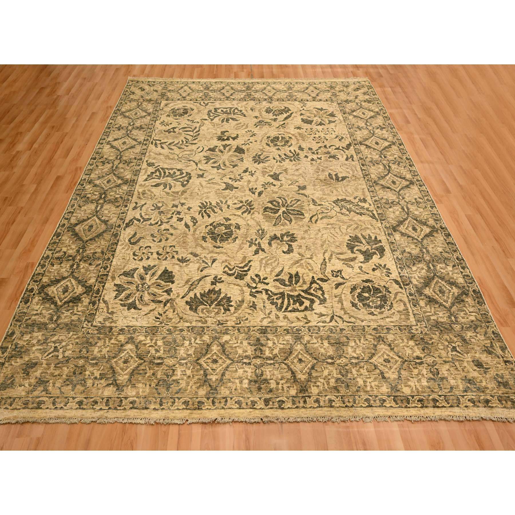 7'10"x9'9" Earth Tone Colors, All Over Leaf Design, Undyed Natural Wool, Zero Pile, Distressed, Shaved Low, Hand Knotted, Oriental Rug Sh76192