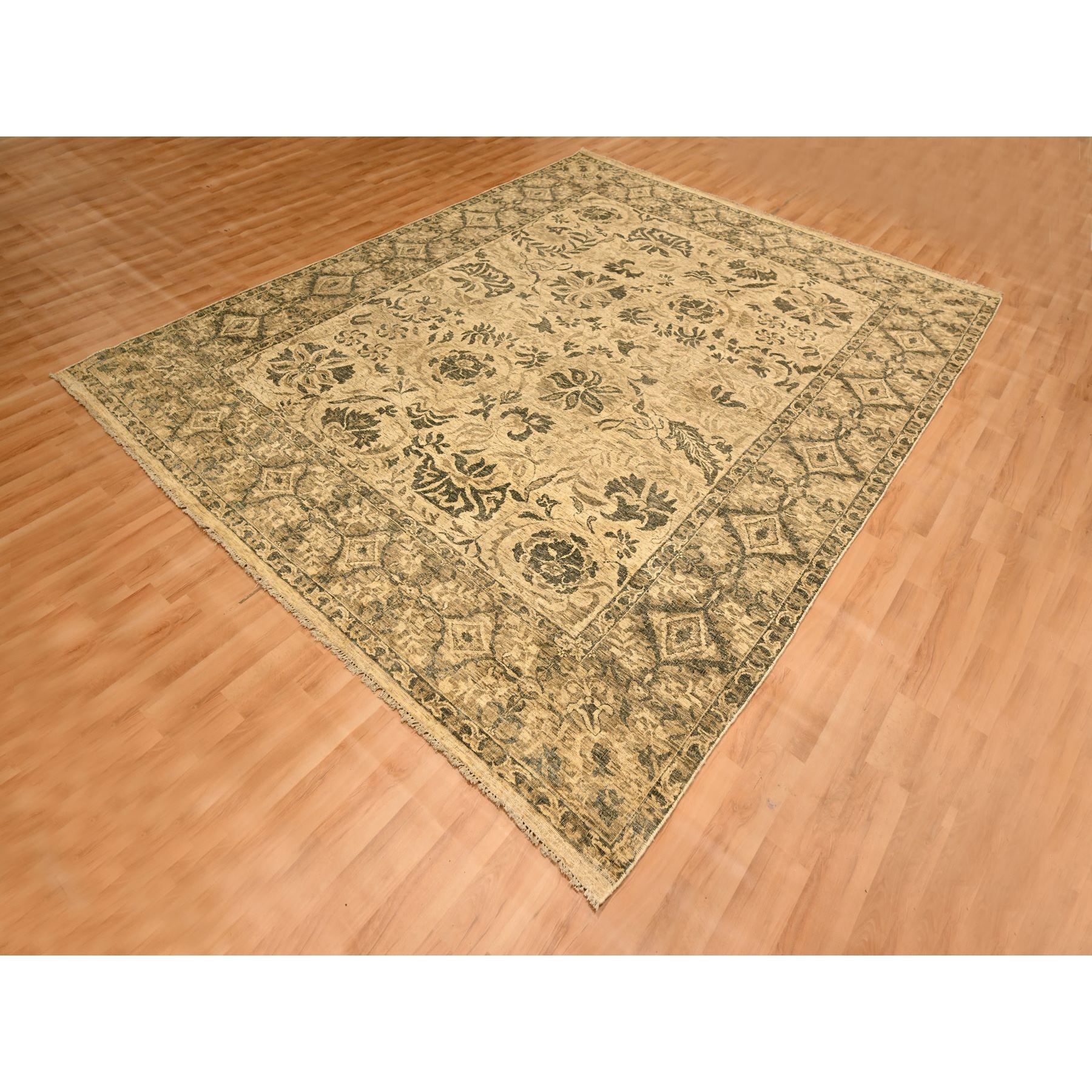 7'10"x9'9" Earth Tone Colors, All Over Leaf Design, Undyed Natural Wool, Zero Pile, Distressed, Shaved Low, Hand Knotted, Oriental Rug Sh76192