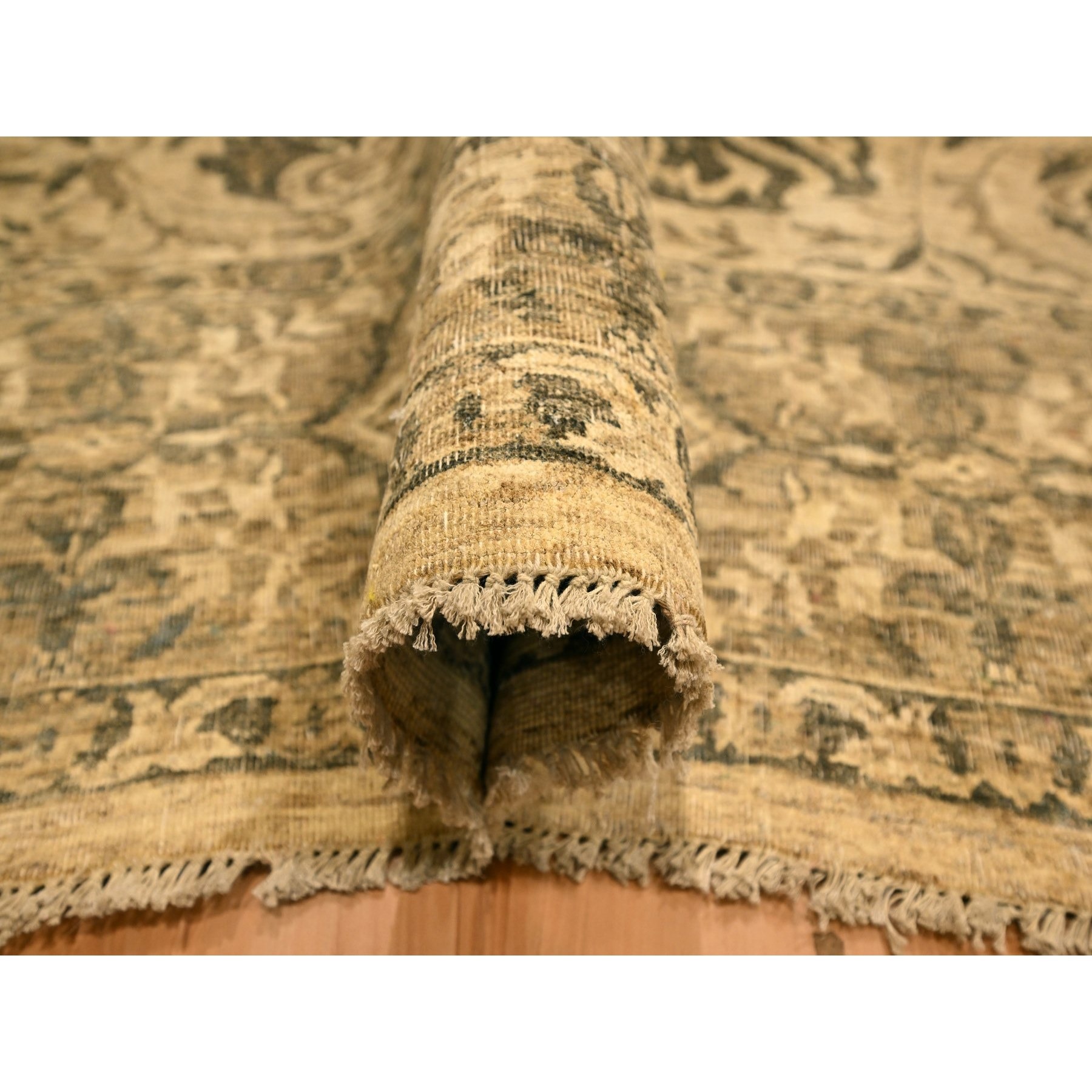 7'10"x9'9" Earth Tone Colors, All Over Leaf Design, Undyed Natural Wool, Zero Pile, Distressed, Shaved Low, Hand Knotted, Oriental Rug Sh76192