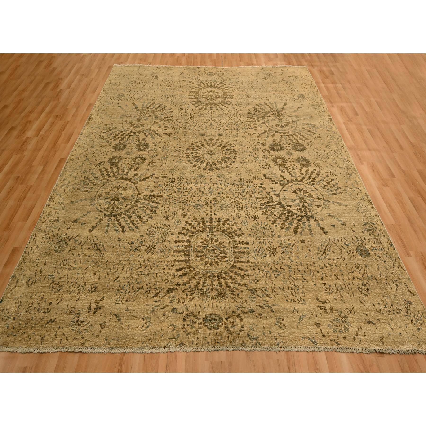 7'9"x10'1" Earth Tone Colors, Arts and Crafts Design, Undyed Natural Wool, Zero Pile, Distressed, Shaved Low, Hand Knotted, Oriental Rug Sh76193