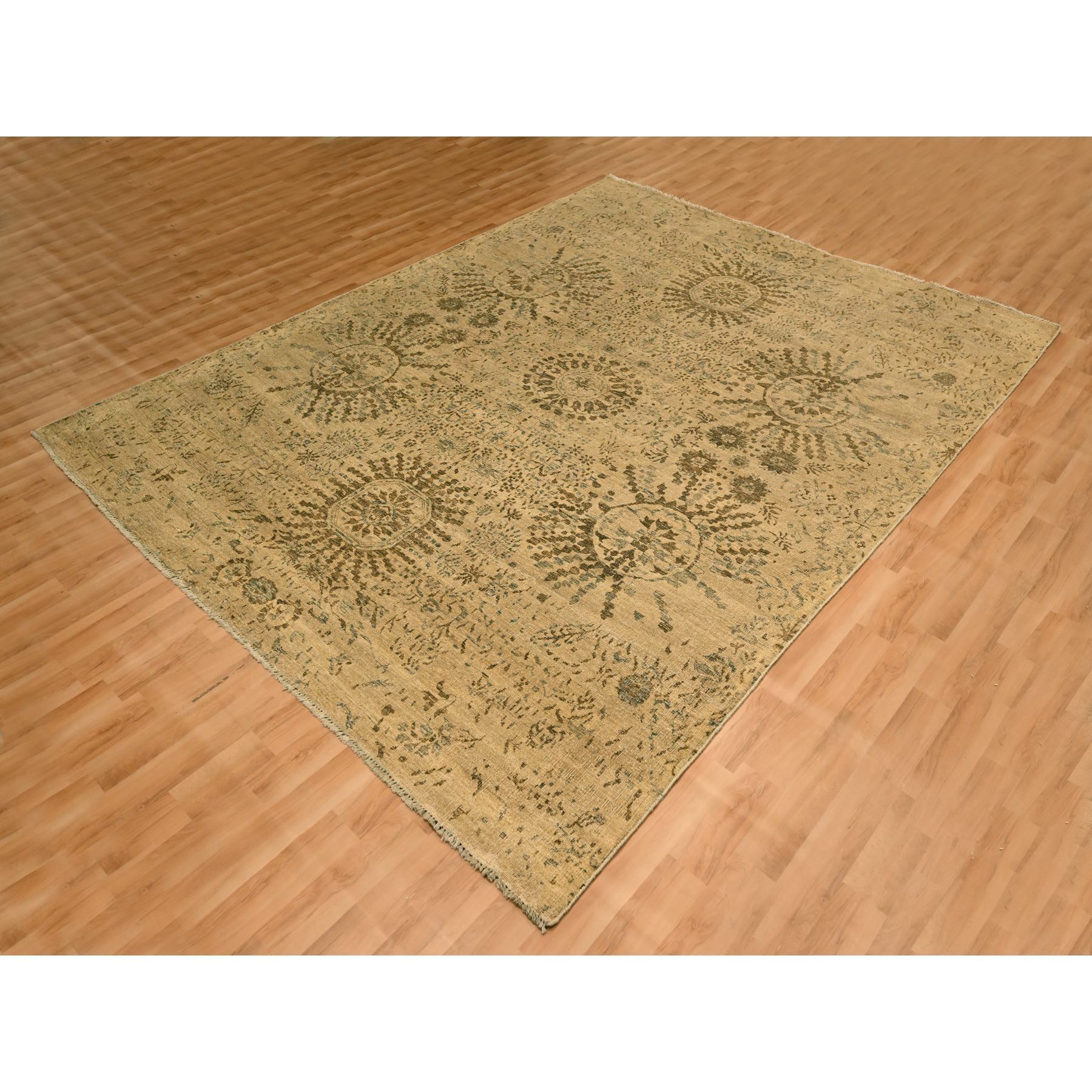 7'9"x10'1" Earth Tone Colors, Arts and Crafts Design, Undyed Natural Wool, Zero Pile, Distressed, Shaved Low, Hand Knotted, Oriental Rug Sh76193