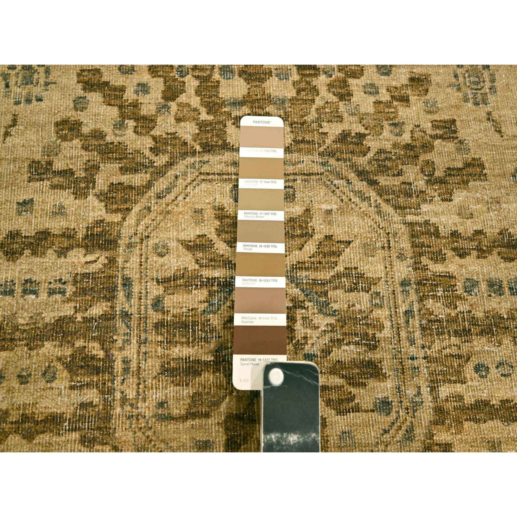 7'9"x10'1" Earth Tone Colors, Arts and Crafts Design, Undyed Natural Wool, Zero Pile, Distressed, Shaved Low, Hand Knotted, Oriental Rug Sh76193