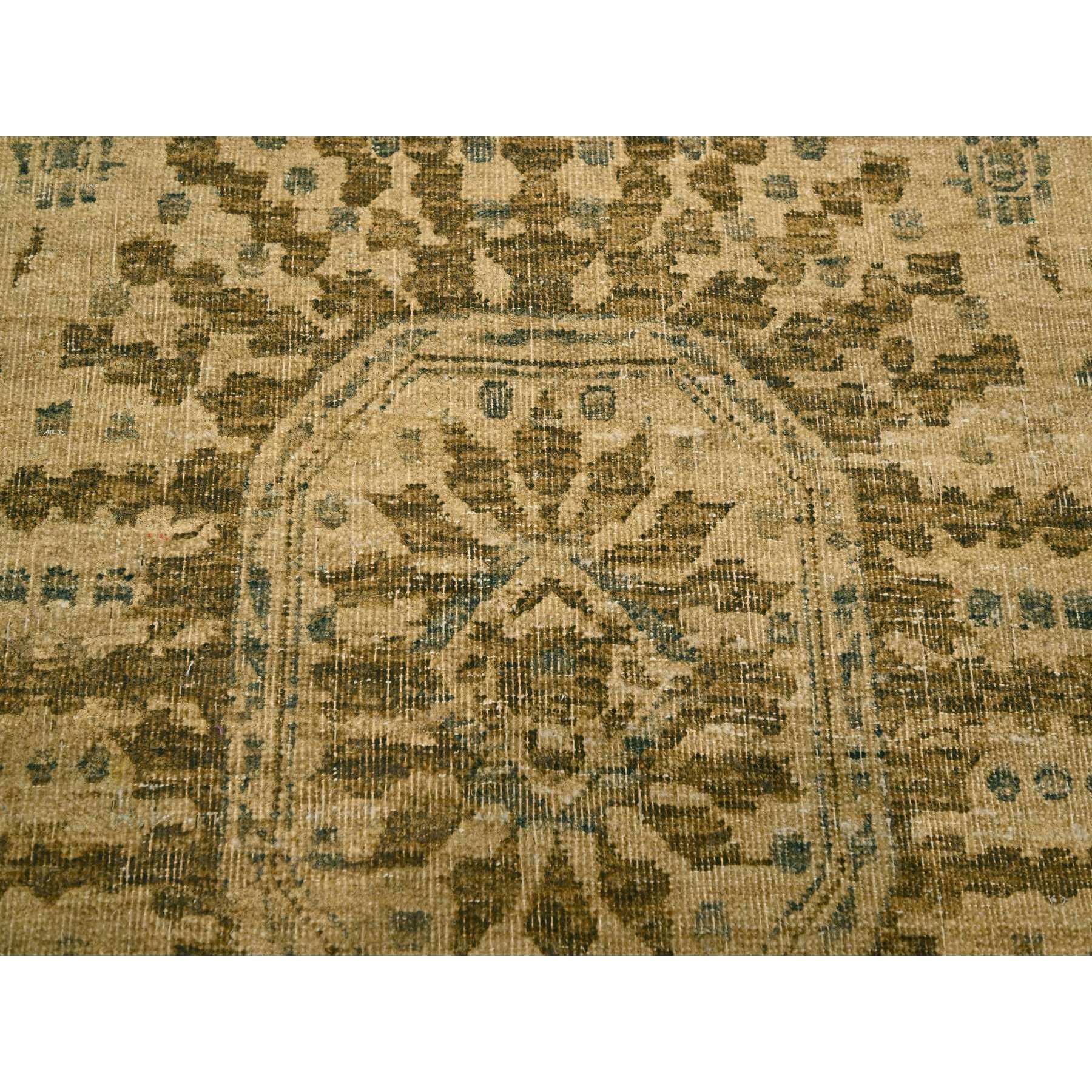 7'9"x10'1" Earth Tone Colors, Arts and Crafts Design, Undyed Natural Wool, Zero Pile, Distressed, Shaved Low, Hand Knotted, Oriental Rug Sh76193