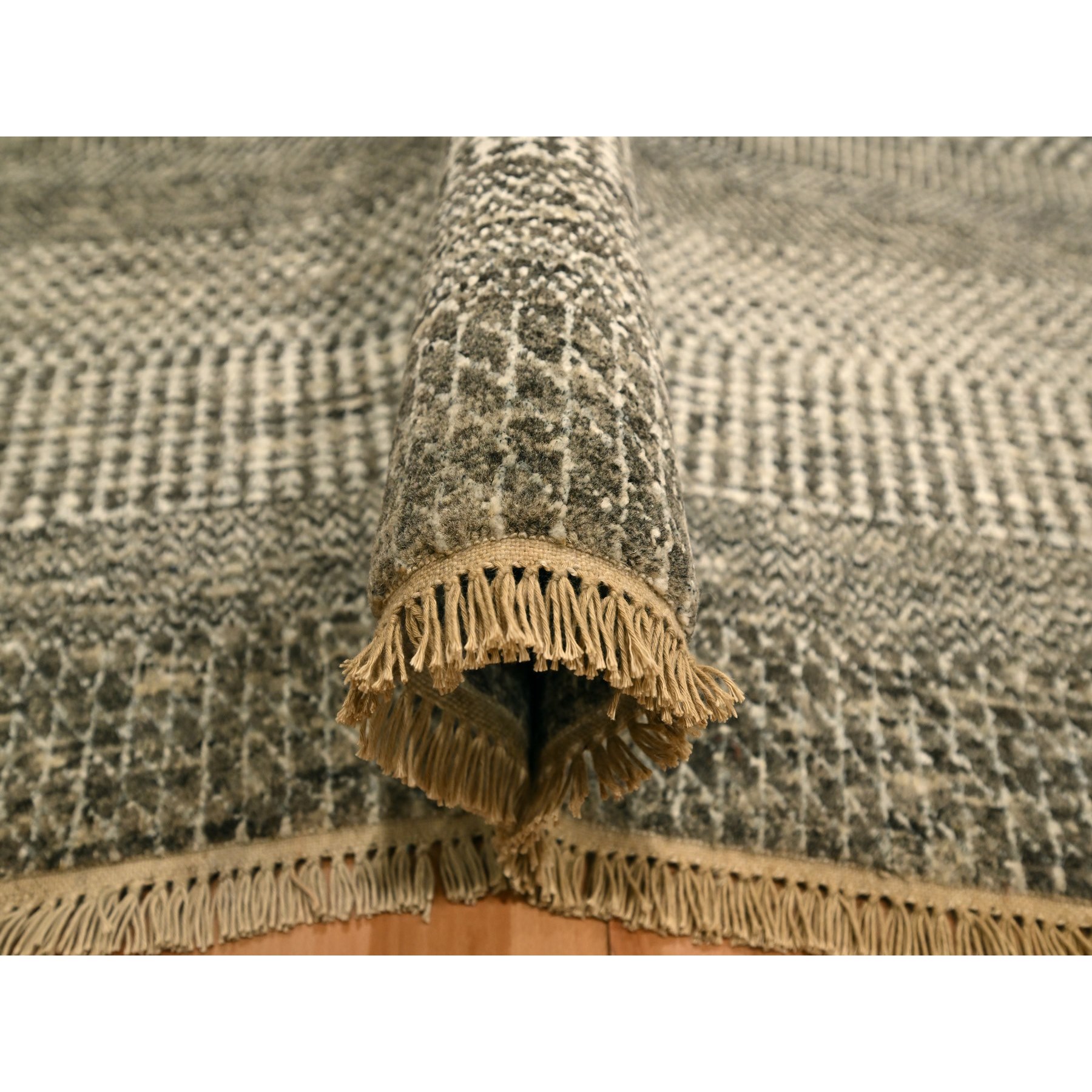 7'9"x10'2" Storm Gray, Modern Grass Design, Tone on Tone, Undyed Natural Wool, Hand Knotted, Oriental Rug Sh76194
