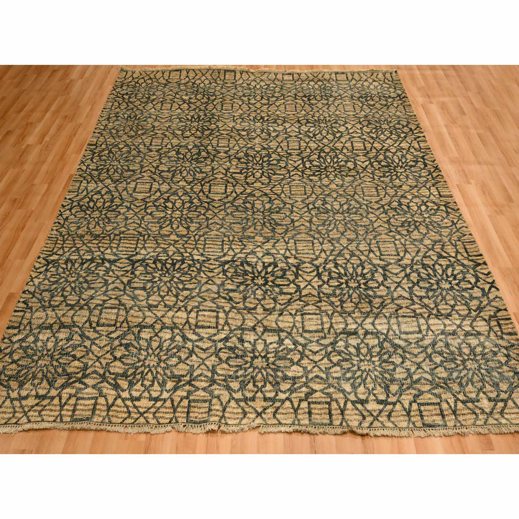 7'8"x8'7" Cafe Au Lait Brown, Geometric Flower Rosette Motif, Undyed Natural Wool, Tone on Tone, Hand Knotted, Squarish, Oriental Rug Sh76195