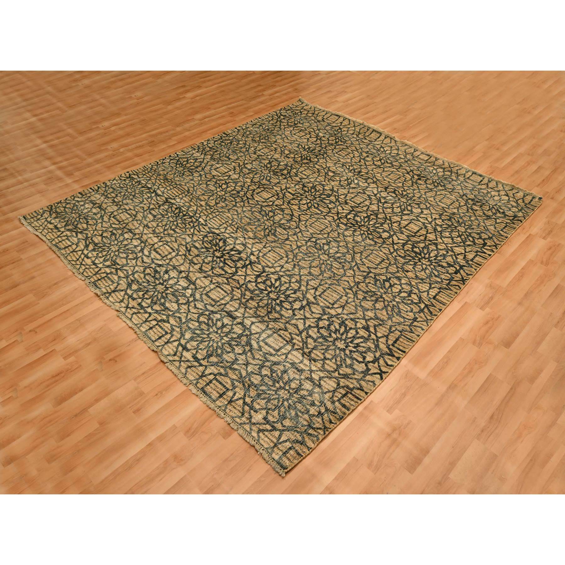7'8"x8'7" Cafe Au Lait Brown, Geometric Flower Rosette Motif, Undyed Natural Wool, Tone on Tone, Hand Knotted, Squarish, Oriental Rug Sh76195