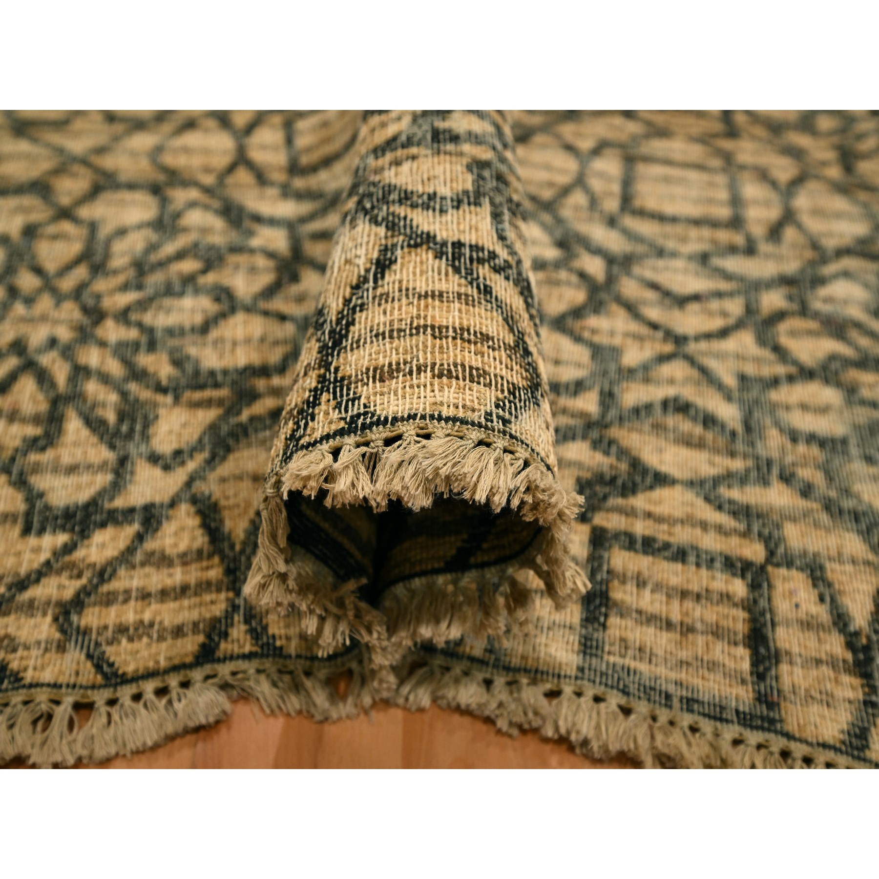7'8"x8'7" Cafe Au Lait Brown, Geometric Flower Rosette Motif, Undyed Natural Wool, Tone on Tone, Hand Knotted, Squarish, Oriental Rug Sh76195