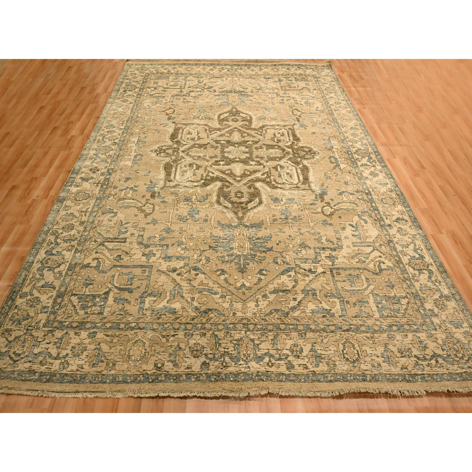8'7"x12'4" Khaki Brown, Heriz Design, Tone on Tone, Zero Pile, Distressed, Shaved Low, Hand Knotted, 100% Wool, Oriental Rug Sh76197
