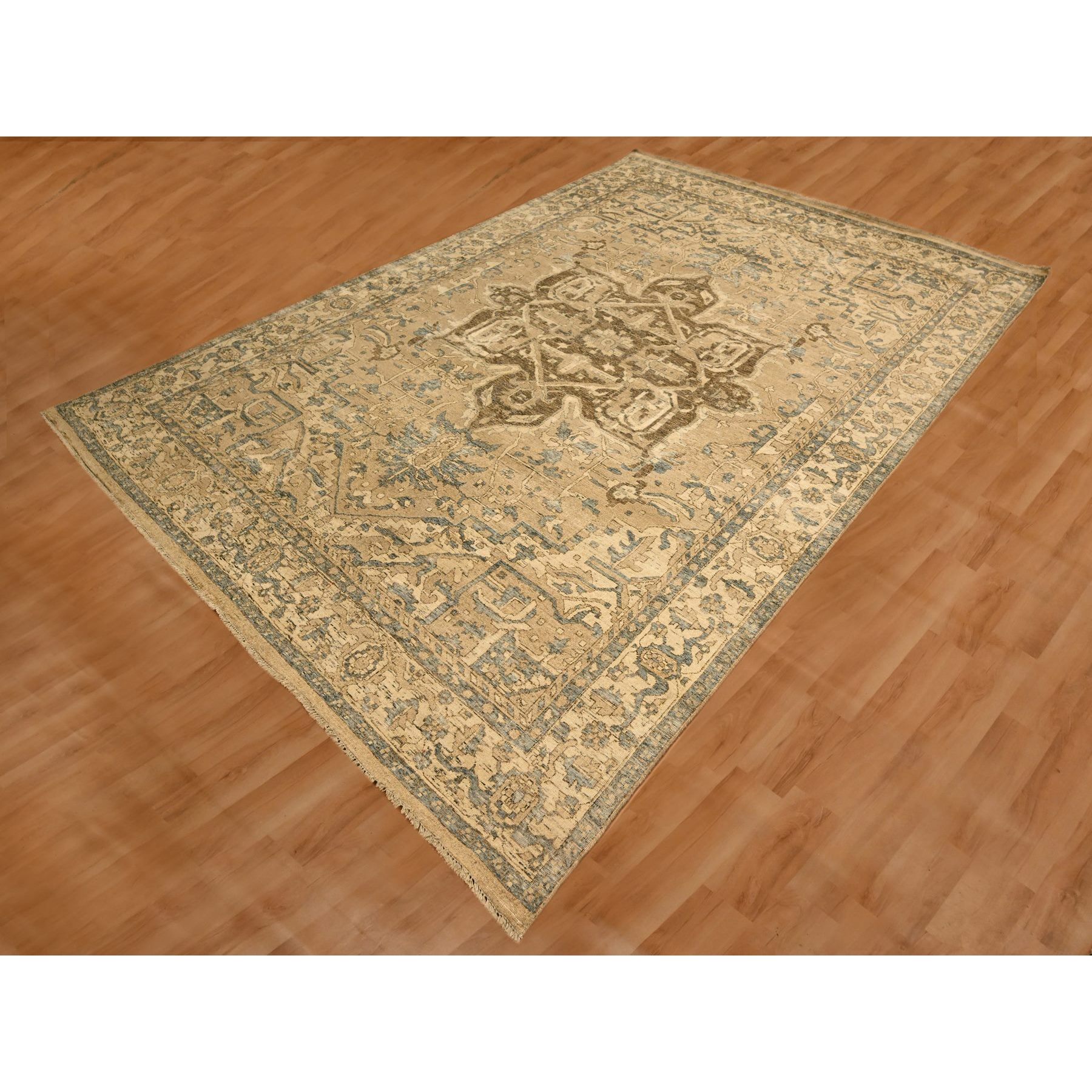8'7"x12'4" Khaki Brown, Heriz Design, Tone on Tone, Zero Pile, Distressed, Shaved Low, Hand Knotted, 100% Wool, Oriental Rug Sh76197