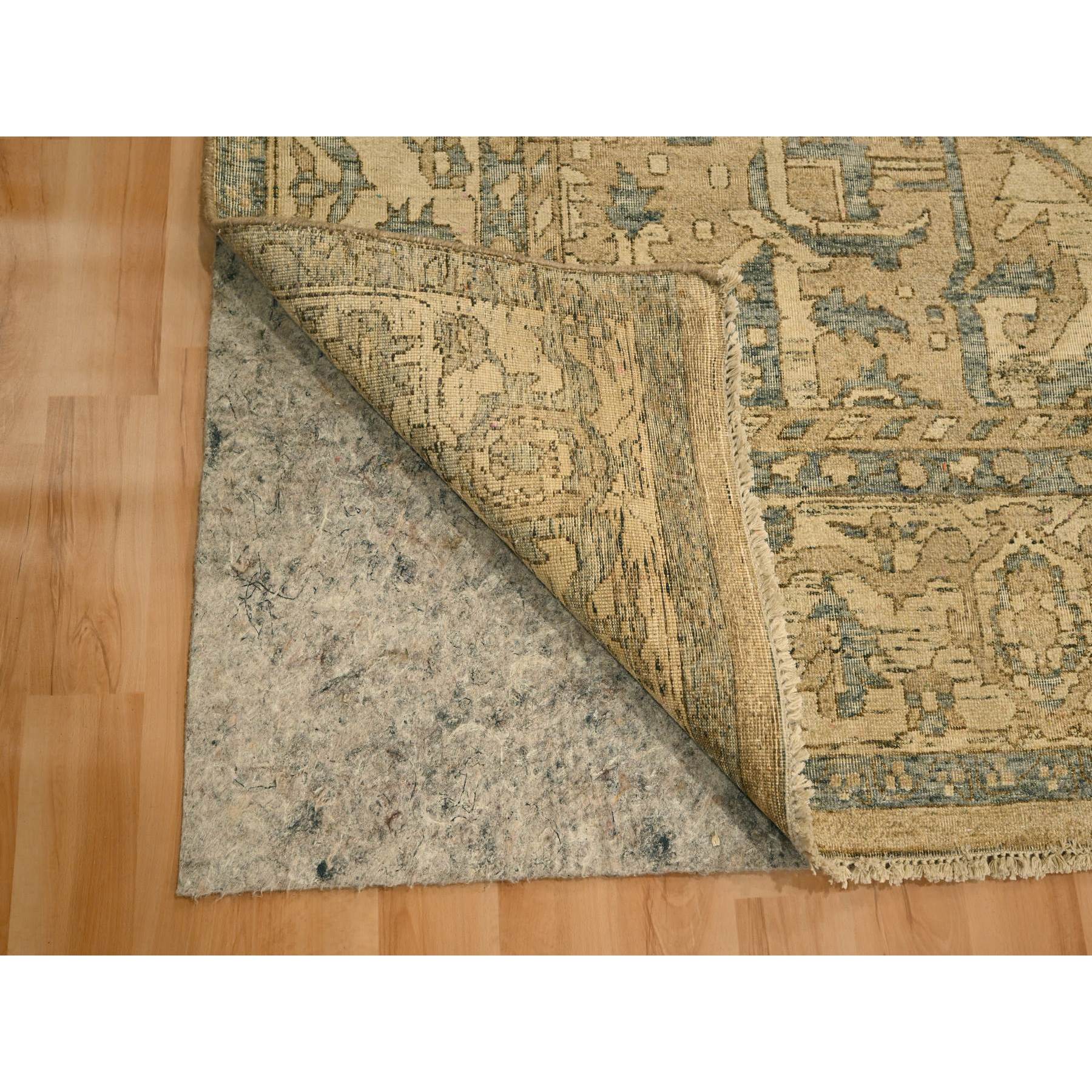 8'7"x12'4" Khaki Brown, Heriz Design, Tone on Tone, Zero Pile, Distressed, Shaved Low, Hand Knotted, 100% Wool, Oriental Rug Sh76197