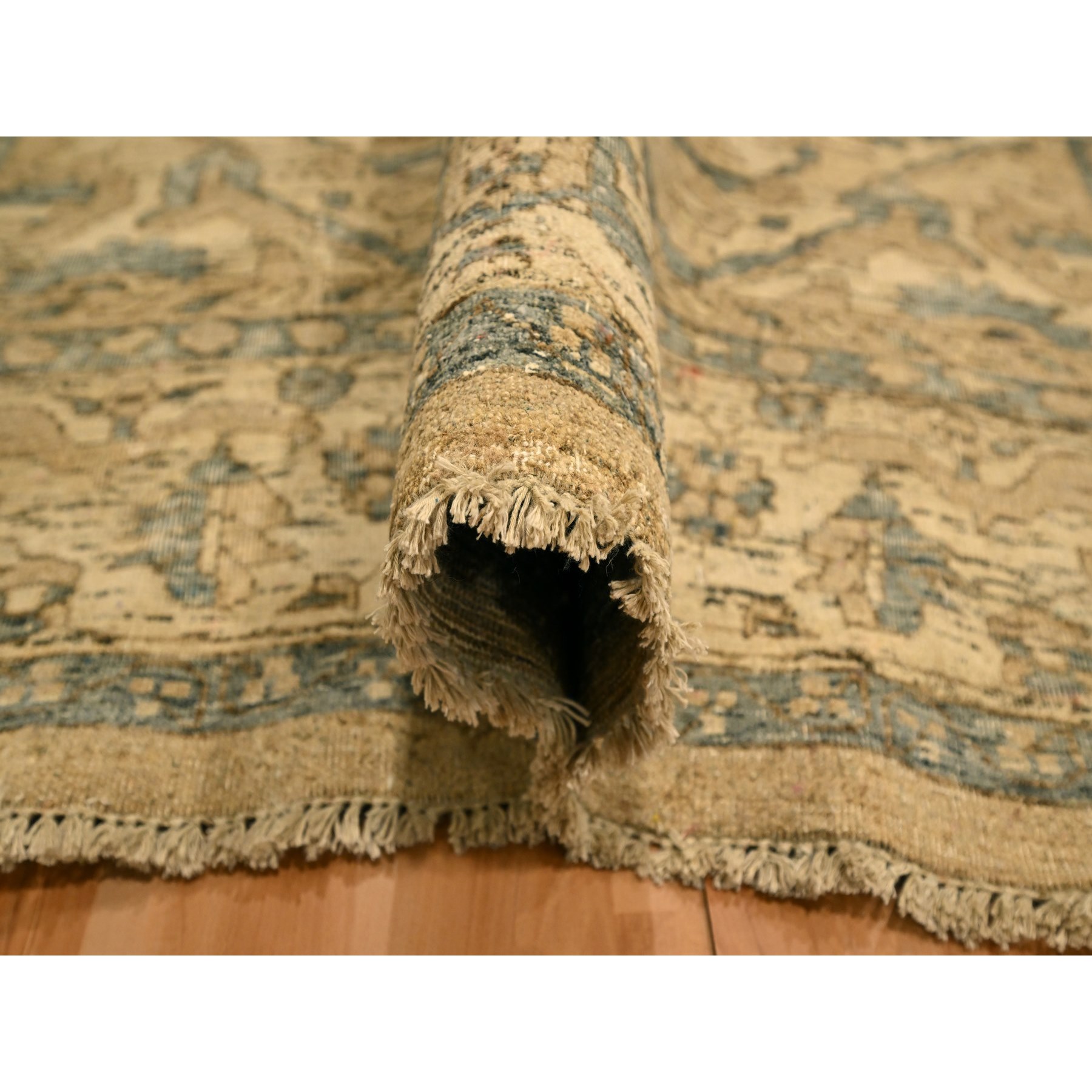 8'7"x12'4" Khaki Brown, Heriz Design, Tone on Tone, Zero Pile, Distressed, Shaved Low, Hand Knotted, 100% Wool, Oriental Rug Sh76197