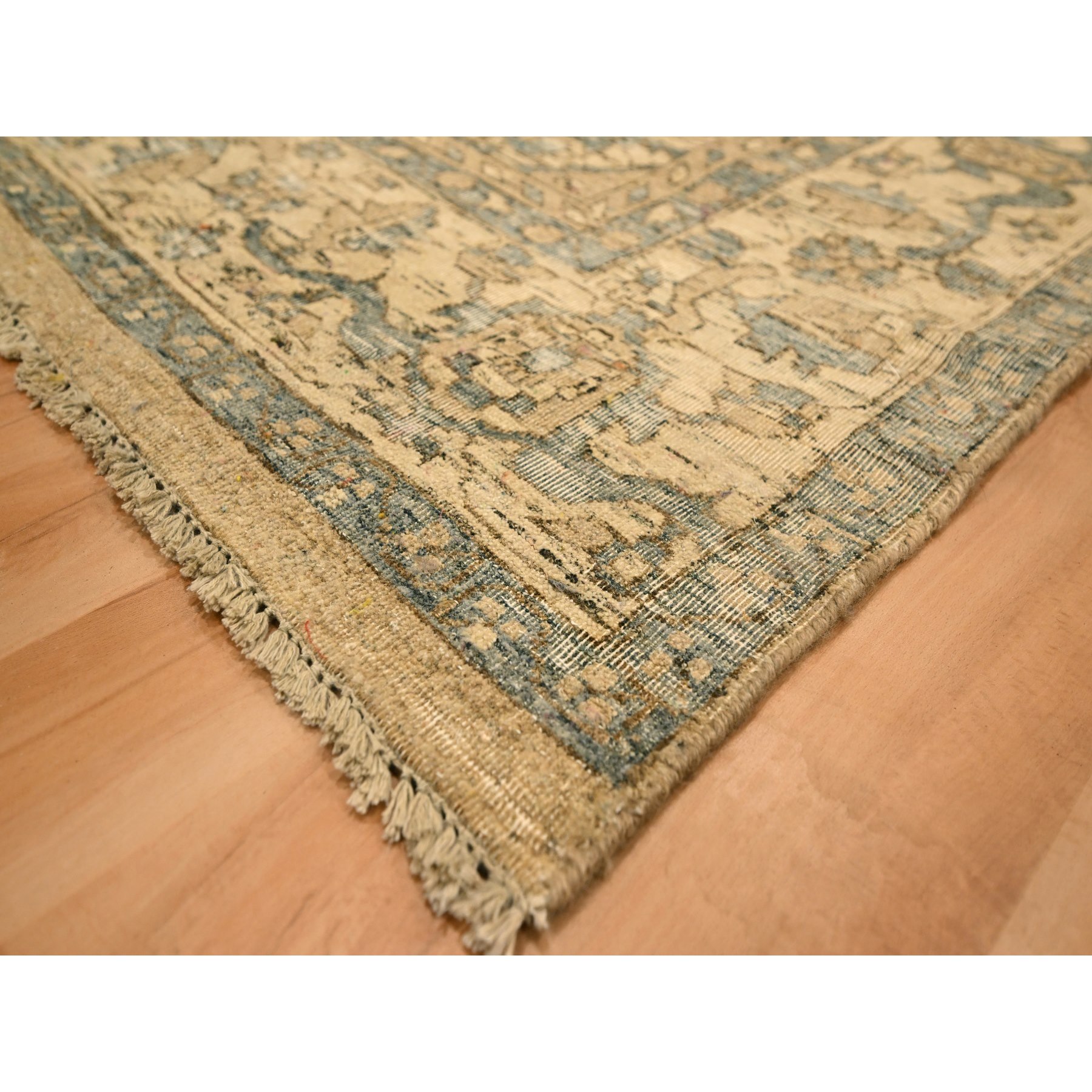 8'7"x12'4" Khaki Brown, Heriz Design, Tone on Tone, Zero Pile, Distressed, Shaved Low, Hand Knotted, 100% Wool, Oriental Rug Sh76197