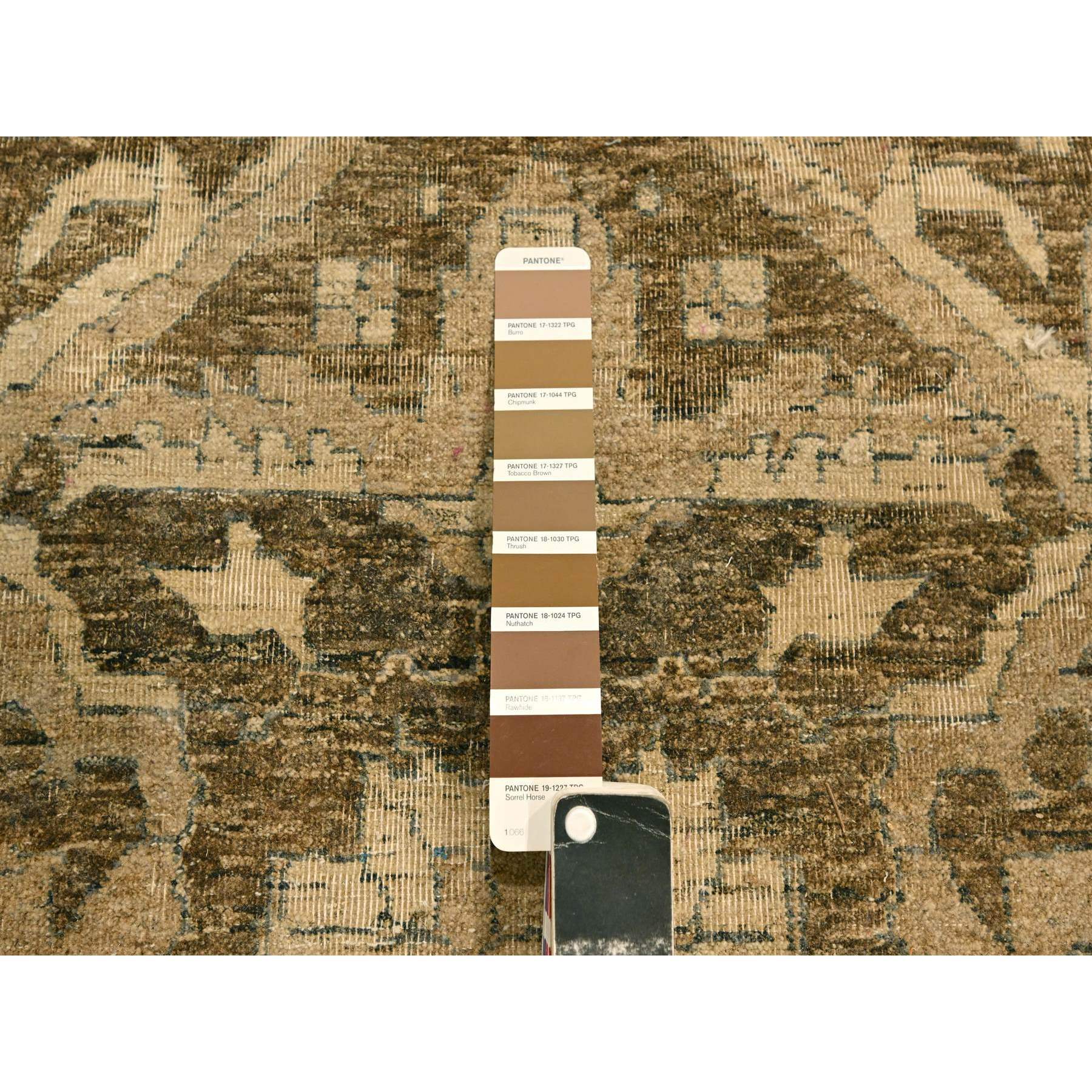 8'7"x12'4" Khaki Brown, Heriz Design, Tone on Tone, Zero Pile, Distressed, Shaved Low, Hand Knotted, 100% Wool, Oriental Rug Sh76197