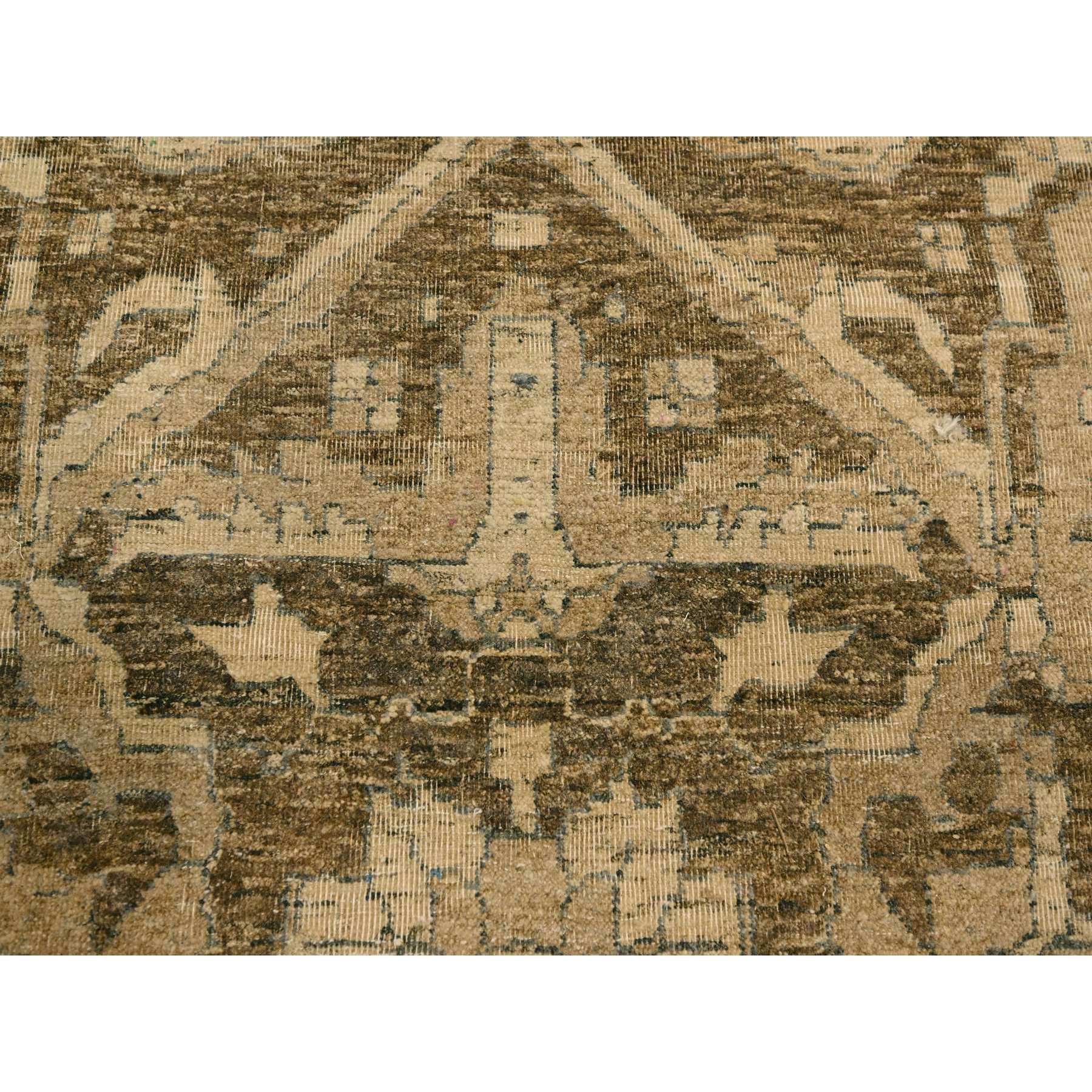 8'7"x12'4" Khaki Brown, Heriz Design, Tone on Tone, Zero Pile, Distressed, Shaved Low, Hand Knotted, 100% Wool, Oriental Rug Sh76197