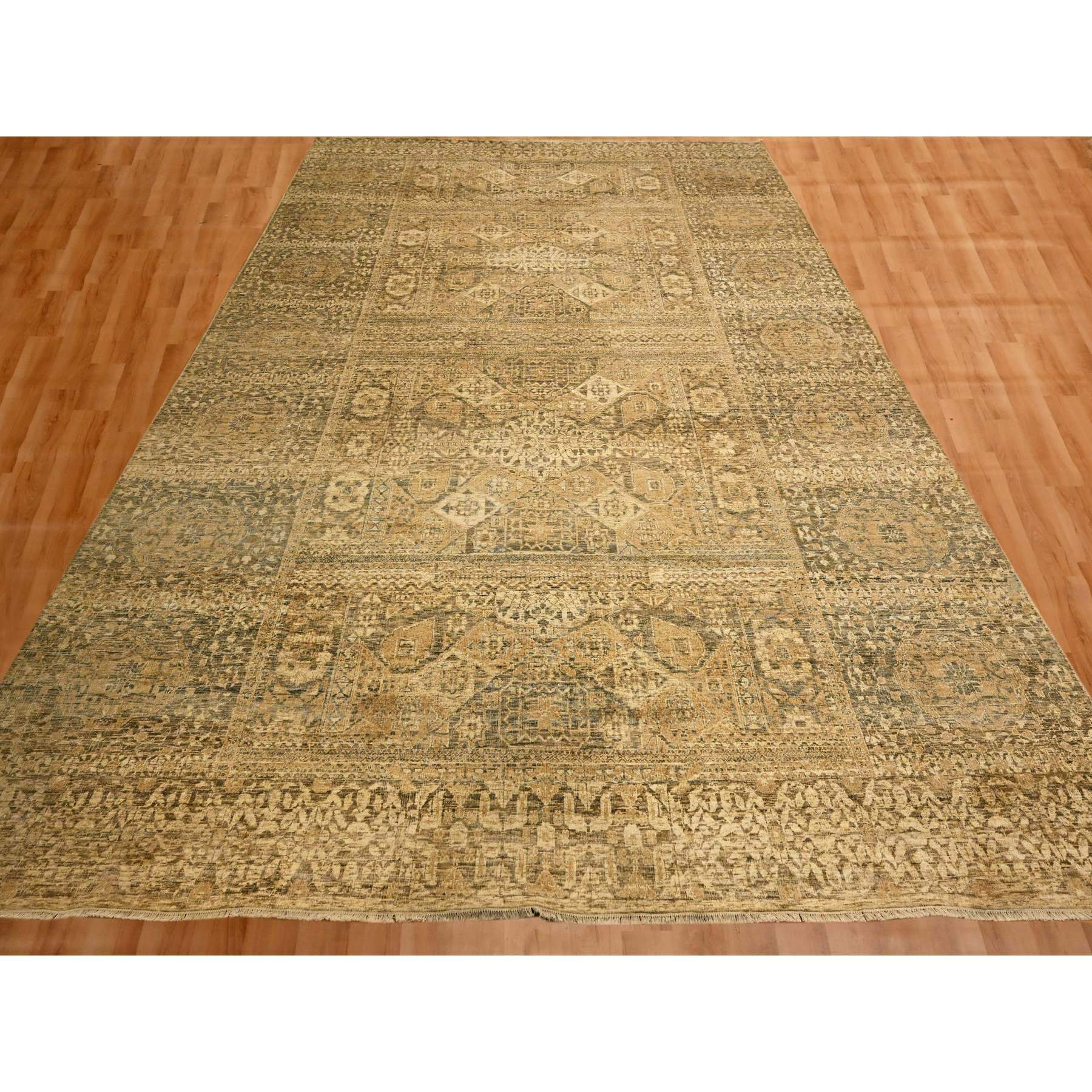 10'x13'8" Nuthatch Brown, Mamluk Design, Zero Pile, Distressed, Shaved Low, Hand Knotted, 100% Wool, Oriental Rug Sh76199