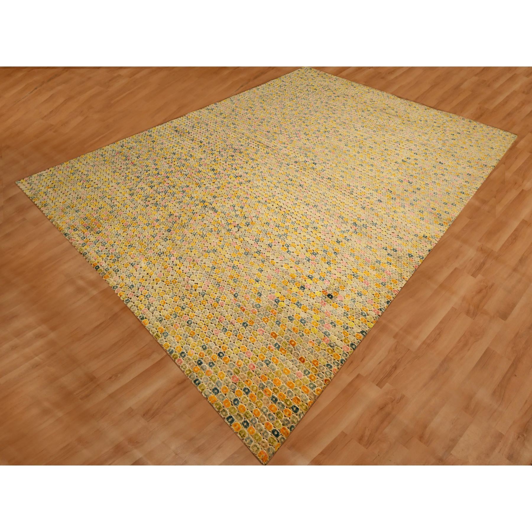 9'x12'2" Golden Yellow, THE BUTTONS, Sari Silk, Hand Knotted, Soft to the Touch, Oriental Rug Sh76200