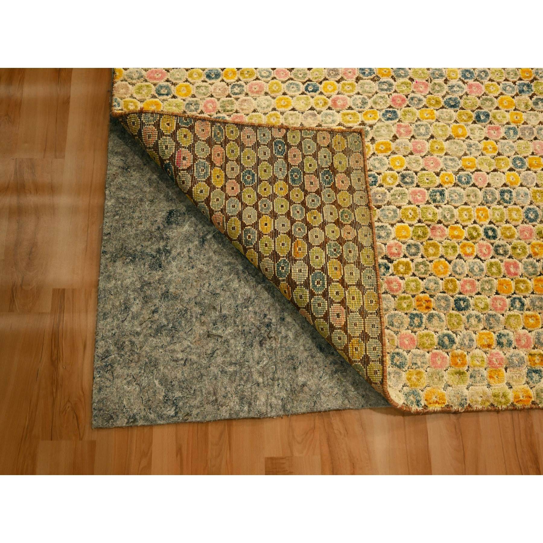 9'x12'2" Golden Yellow, THE BUTTONS, Sari Silk, Hand Knotted, Soft to the Touch, Oriental Rug Sh76200