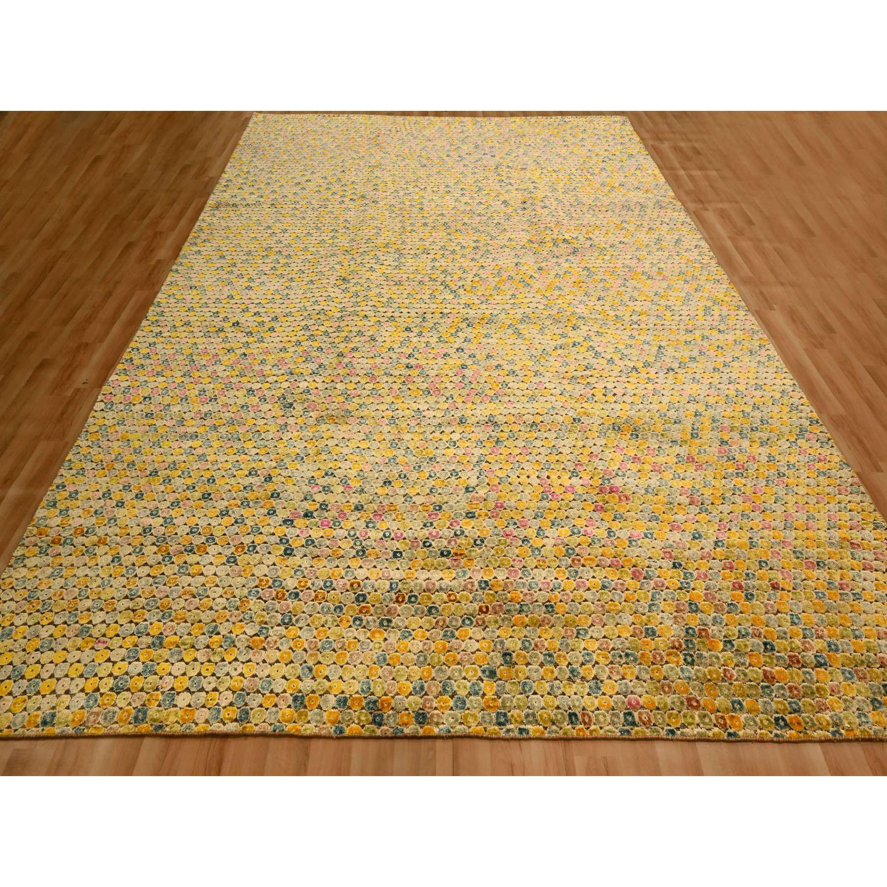 8'10"x12'2" Amber Gold, THE BUTTONS, Sari Silk, Hand Knotted, Soft to the Touch, Oriental Rug Sh76201