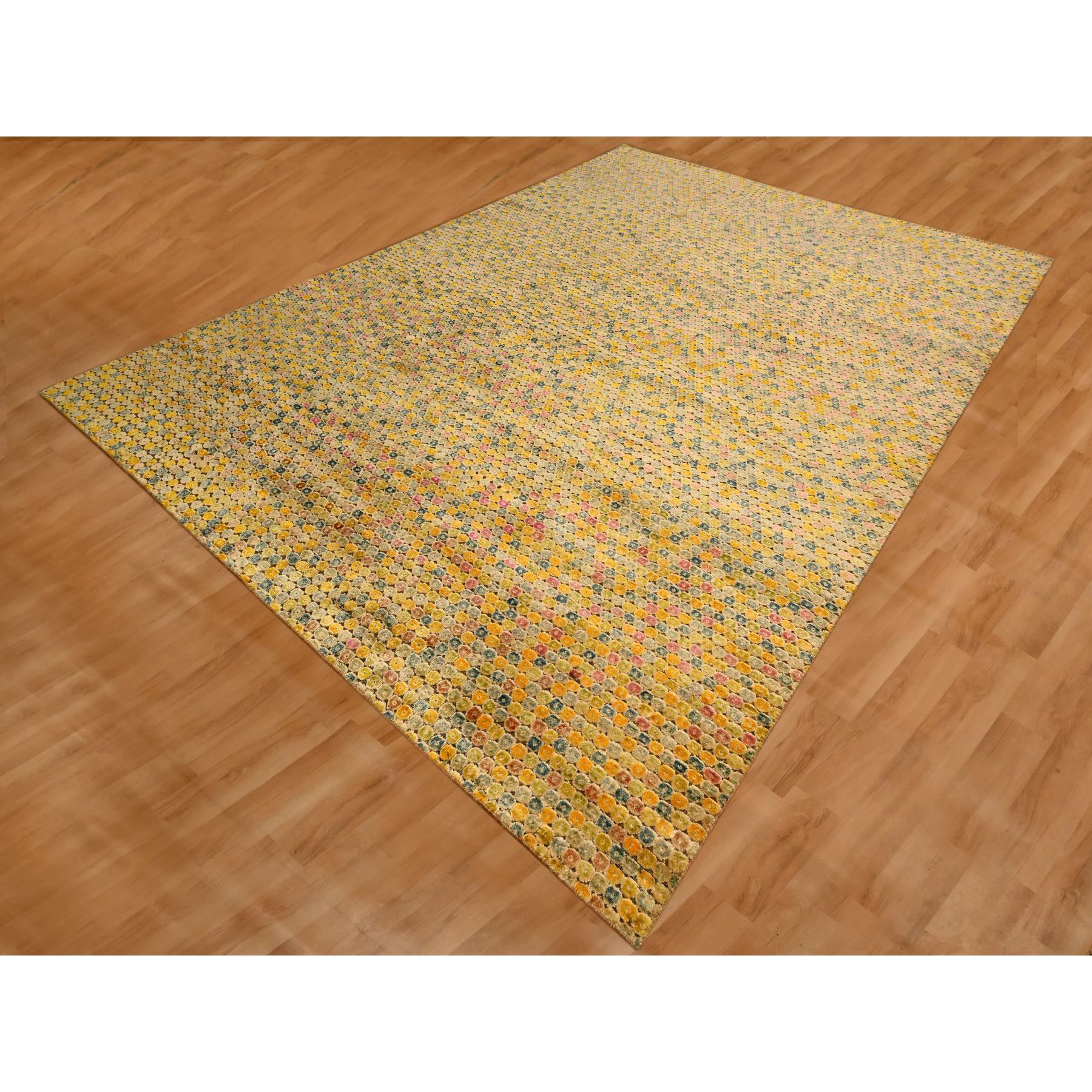8'10"x12'2" Amber Gold, THE BUTTONS, Sari Silk, Hand Knotted, Soft to the Touch, Oriental Rug Sh76201