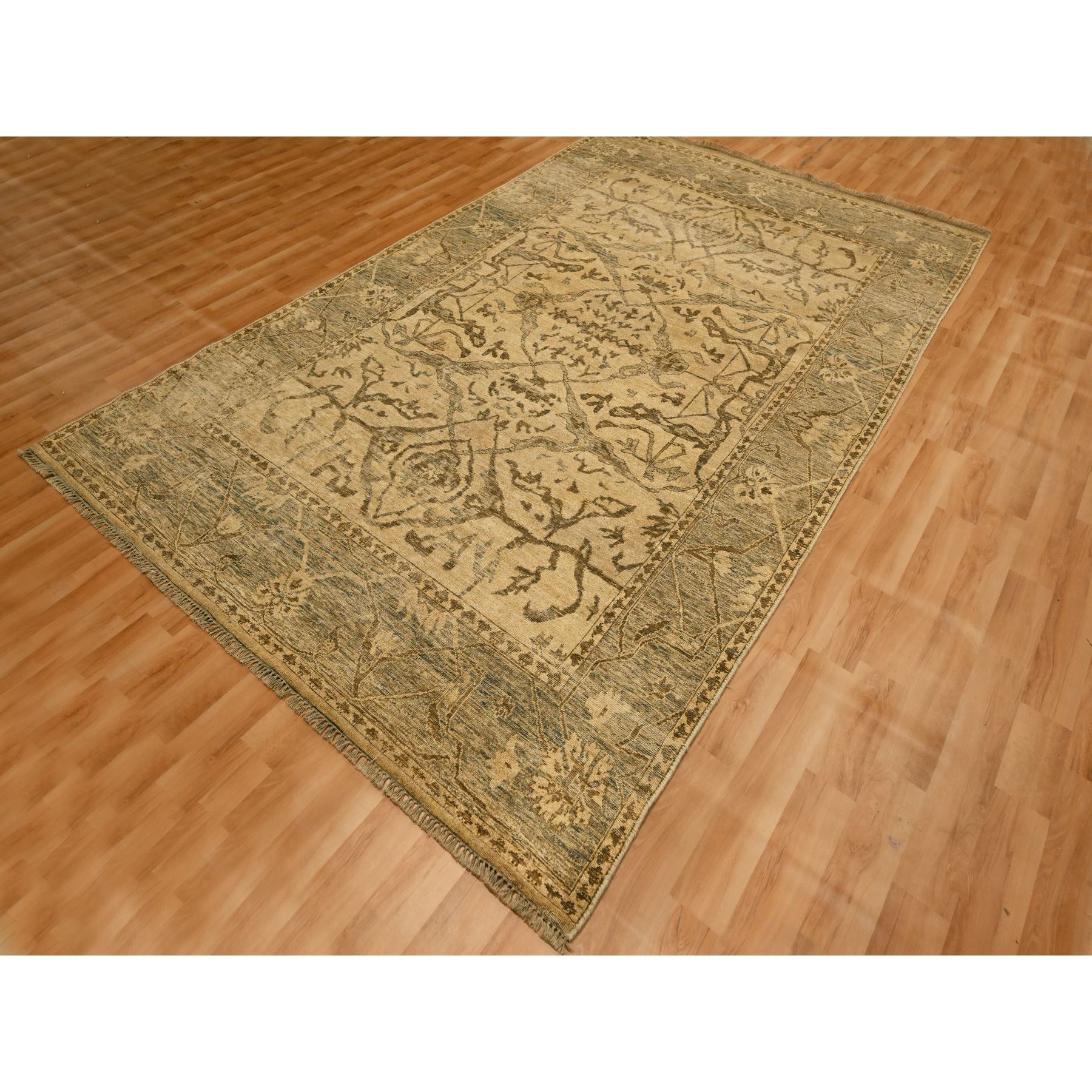 6'x9'7" Ecru Brown, Bijar Garus Design, Zero Pile, Distressed, Shaved Low, Hand Knotted, Undyed Natural Wool, Oriental Rug Sh76203
