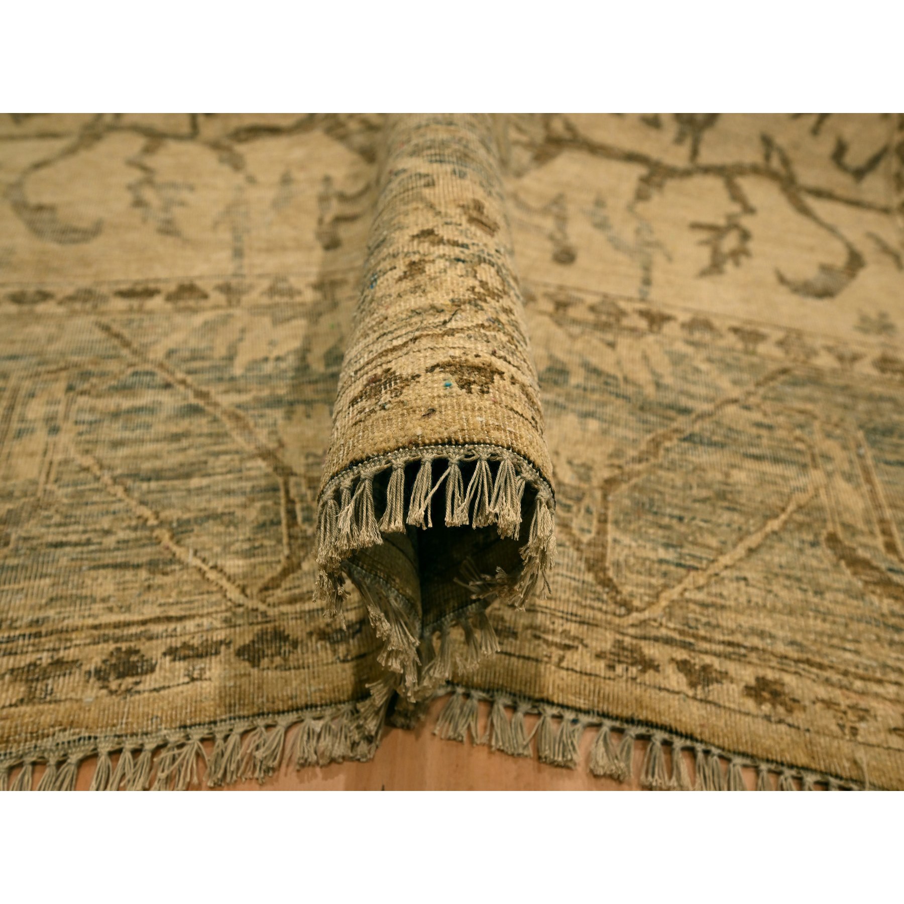 6'x9'7" Ecru Brown, Bijar Garus Design, Zero Pile, Distressed, Shaved Low, Hand Knotted, Undyed Natural Wool, Oriental Rug Sh76203