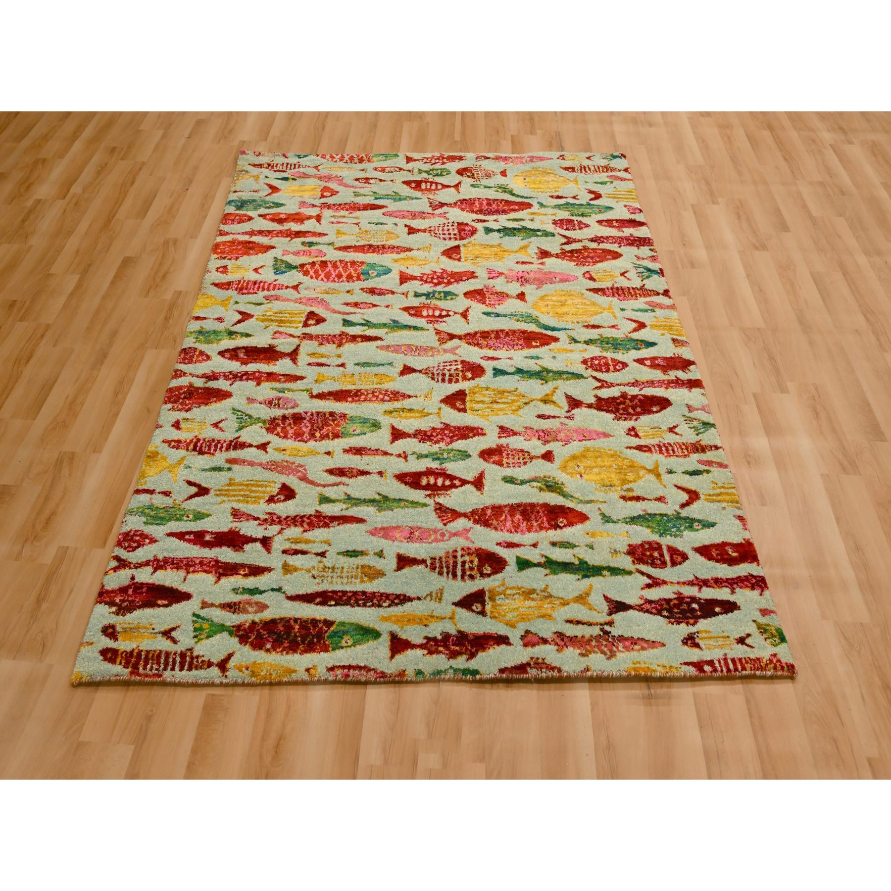 4'7"x6'1" Laurel Green with Red, Oceanic Fish Pattern, Wool and Sari Silk, Soft Pile, Hand Knotted, Oriental Rug Sh76205