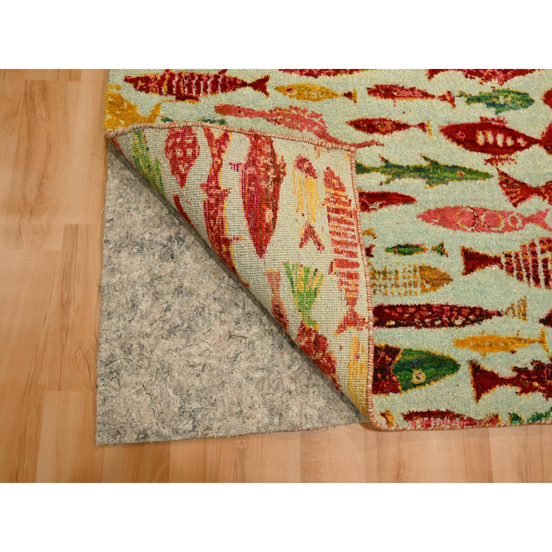 4'7"x6'1" Laurel Green with Red, Oceanic Fish Pattern, Wool and Sari Silk, Soft Pile, Hand Knotted, Oriental Rug Sh76205
