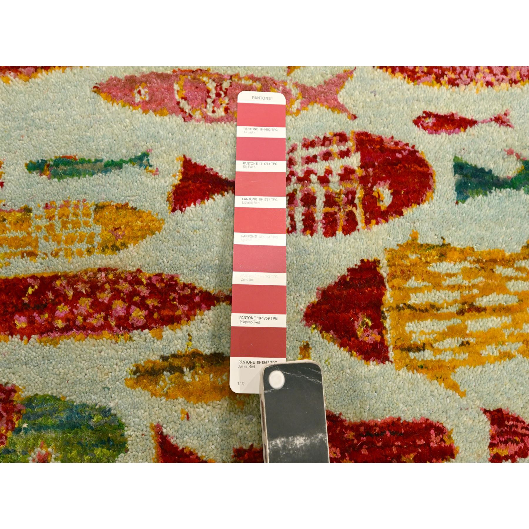 4'7"x6'1" Laurel Green with Red, Oceanic Fish Pattern, Wool and Sari Silk, Soft Pile, Hand Knotted, Oriental Rug Sh76205
