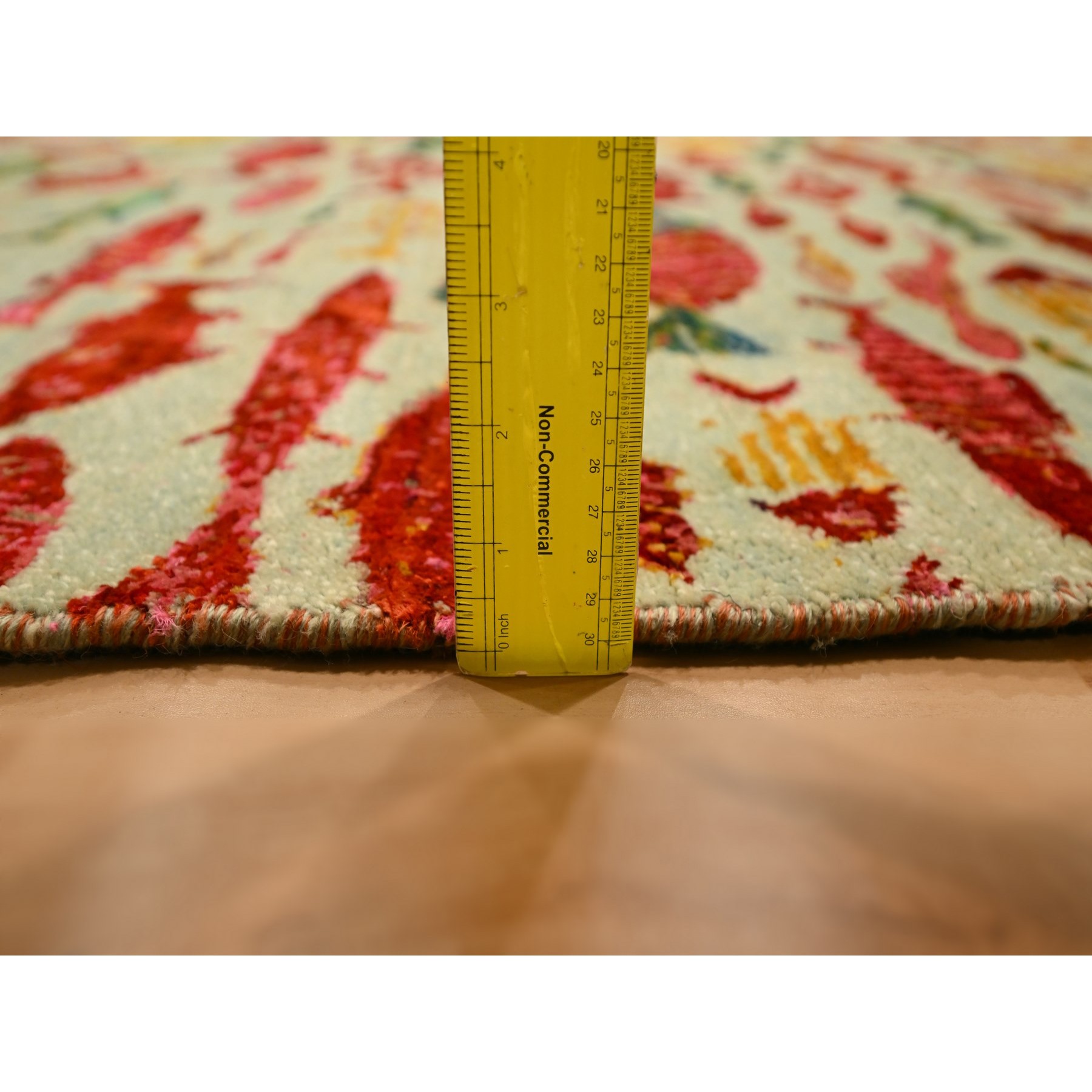 4'7"x6'1" Laurel Green with Red, Oceanic Fish Pattern, Wool and Sari Silk, Soft Pile, Hand Knotted, Oriental Rug Sh76205