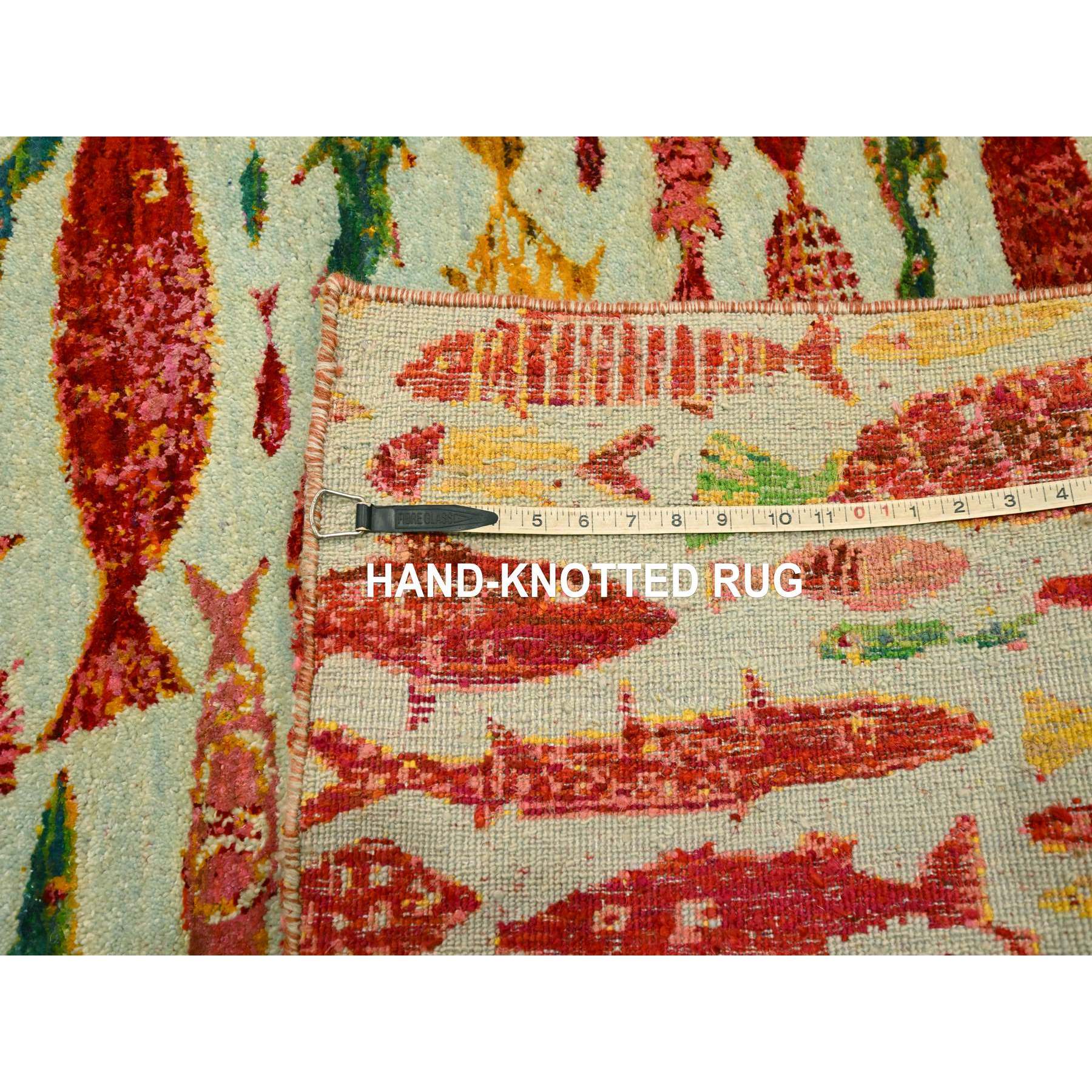4'7"x6'1" Laurel Green with Red, Oceanic Fish Pattern, Wool and Sari Silk, Soft Pile, Hand Knotted, Oriental Rug Sh76205