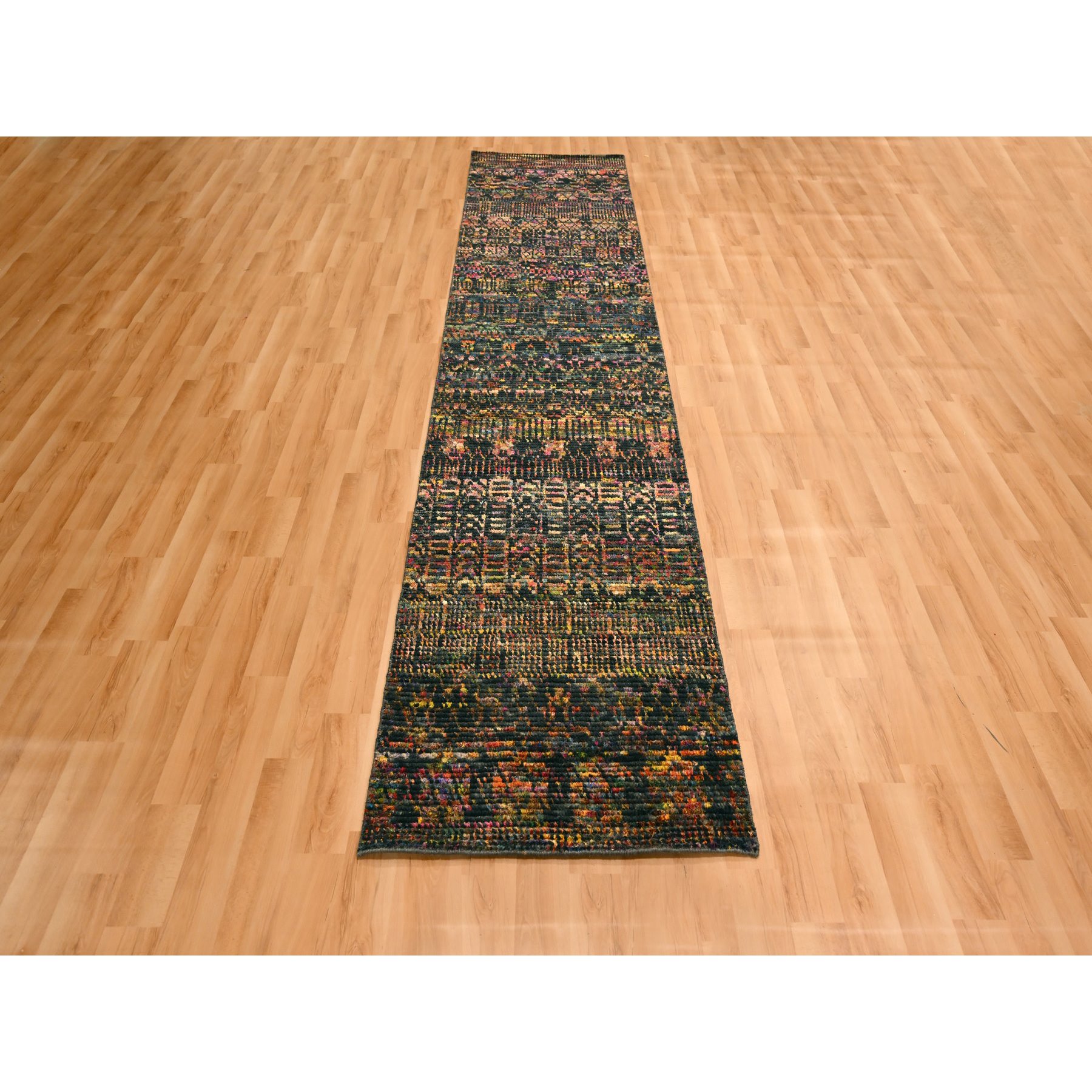 2'6"x11' Caviar Black, Sari Silk and Wool, Geometric Pattern Combined with a Striae Design, Textured Pile, Hand Knotted, Runner, Oriental Rug Sh76206