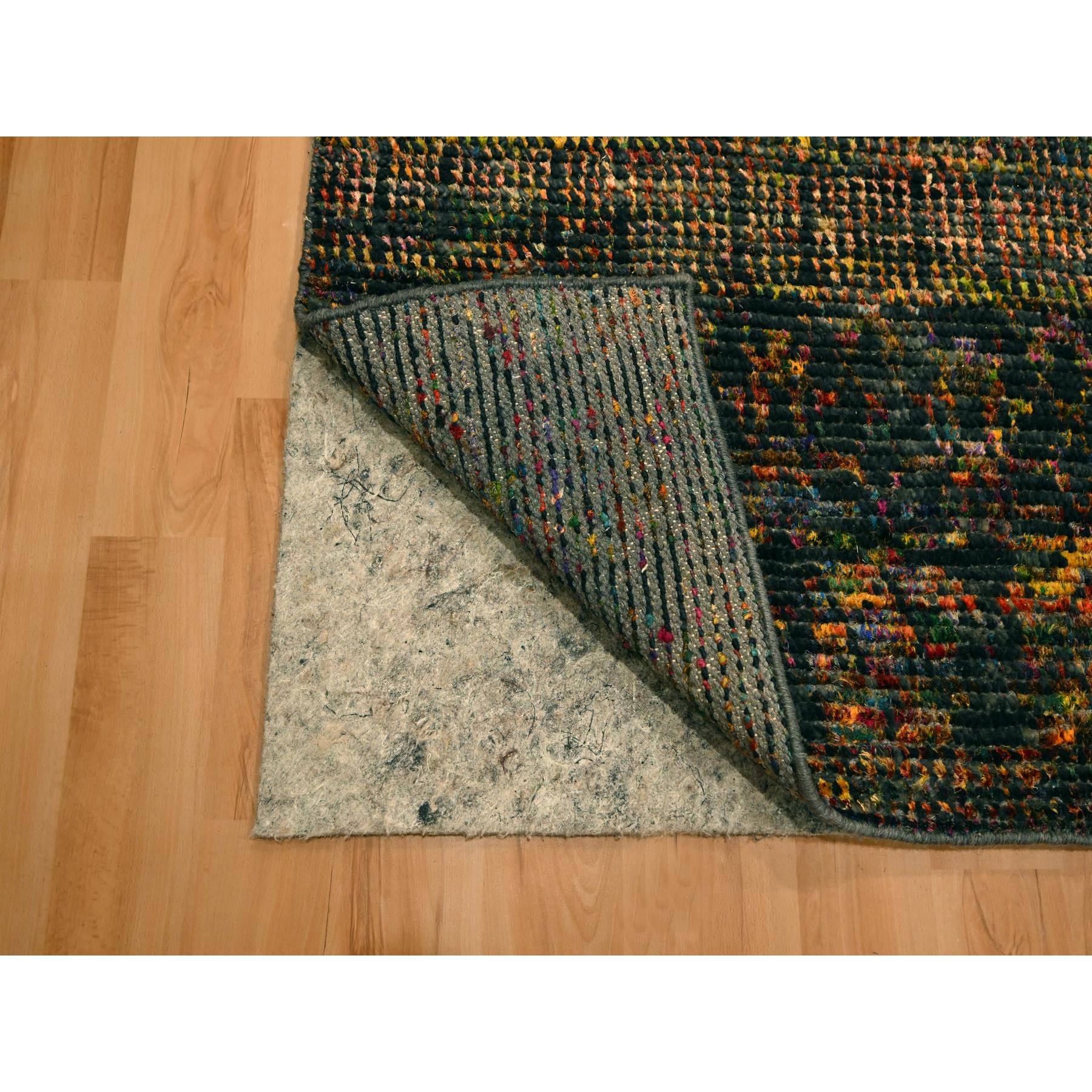 2'6"x11' Caviar Black, Sari Silk and Wool, Geometric Pattern Combined with a Striae Design, Textured Pile, Hand Knotted, Runner, Oriental Rug Sh76206