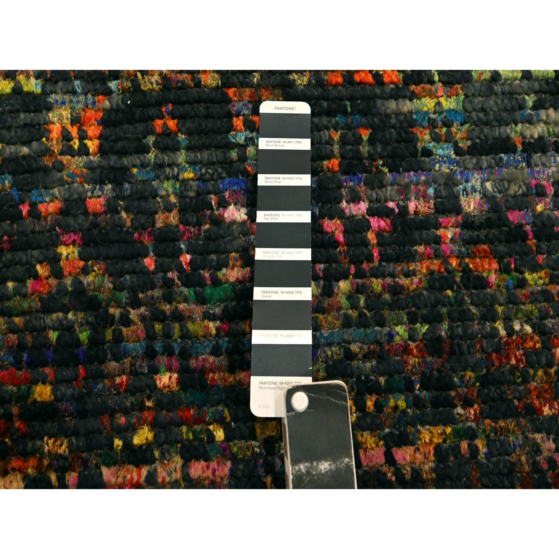 2'6"x11' Caviar Black, Sari Silk and Wool, Geometric Pattern Combined with a Striae Design, Textured Pile, Hand Knotted, Runner, Oriental Rug Sh76206