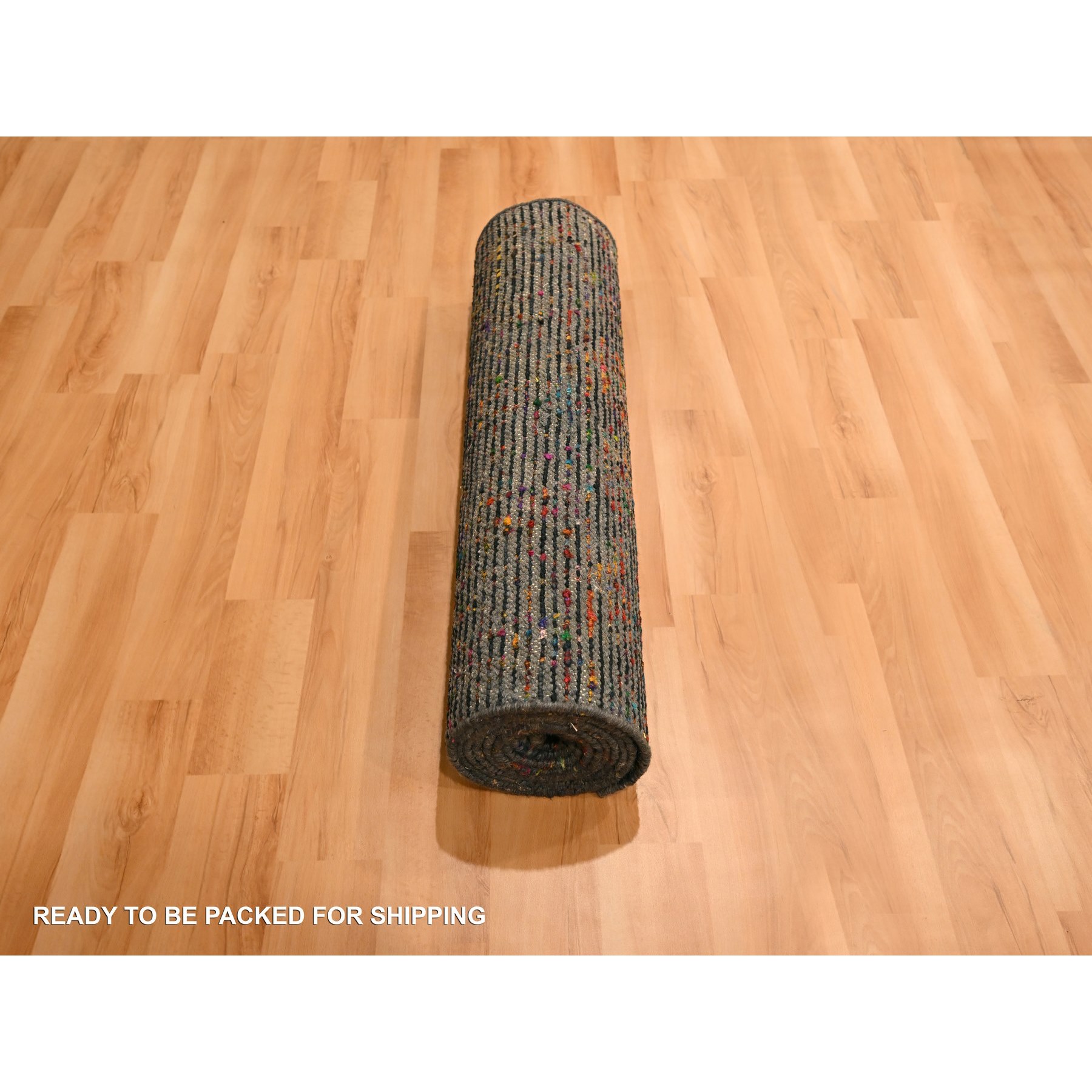 2'6"x11' Caviar Black, Sari Silk and Wool, Geometric Pattern Combined with a Striae Design, Textured Pile, Hand Knotted, Runner, Oriental Rug Sh76206